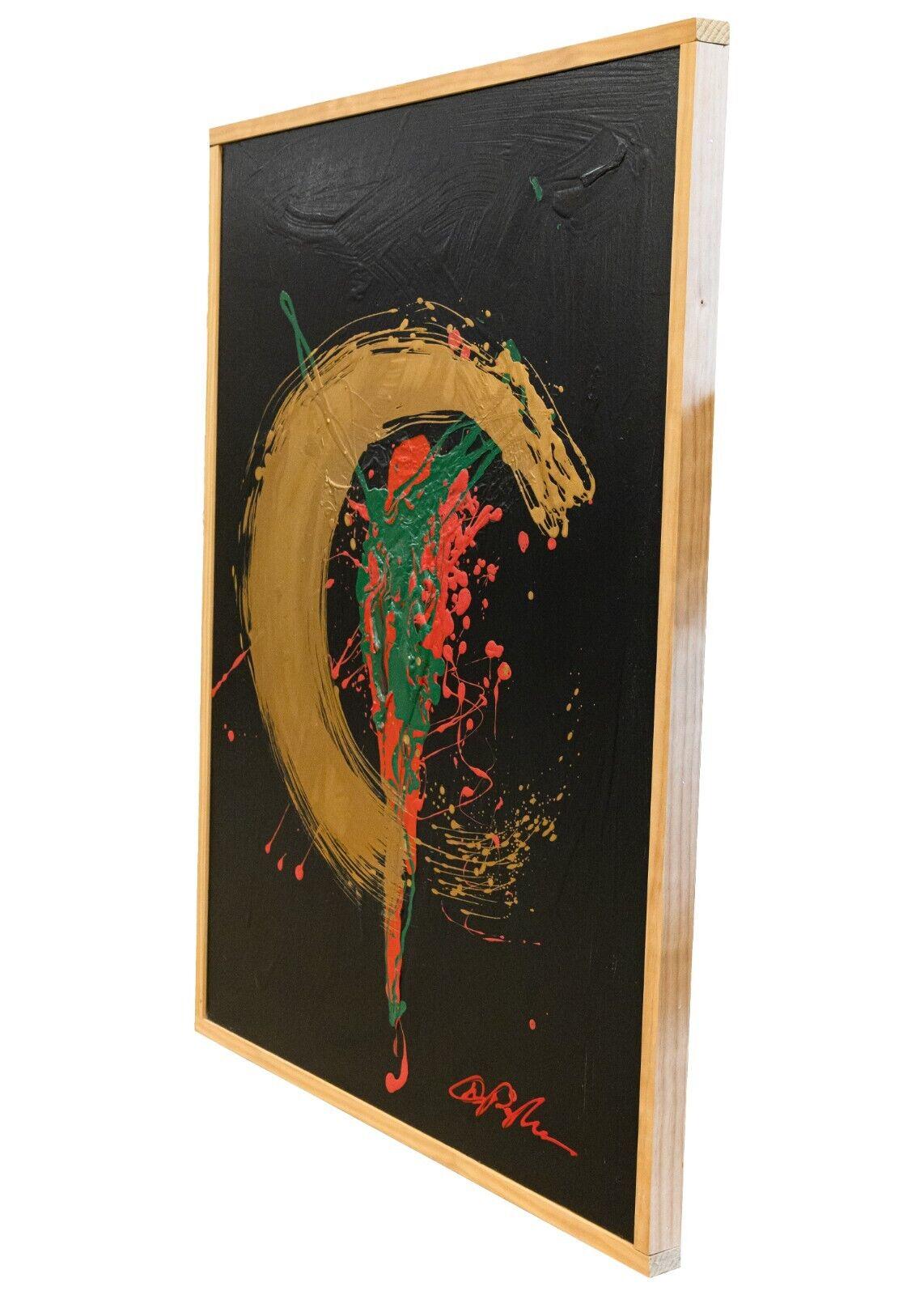 Dominic Pangborn Untitled Abstract Gold Swirl with Red & Green Painting on Board In Good Condition For Sale In Keego Harbor, MI