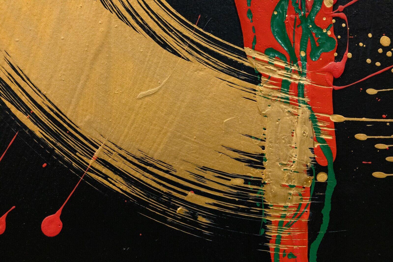 Dominic Pangborn Untitled Abstract Gold Swirl with Red & Green Painting on Board For Sale 3