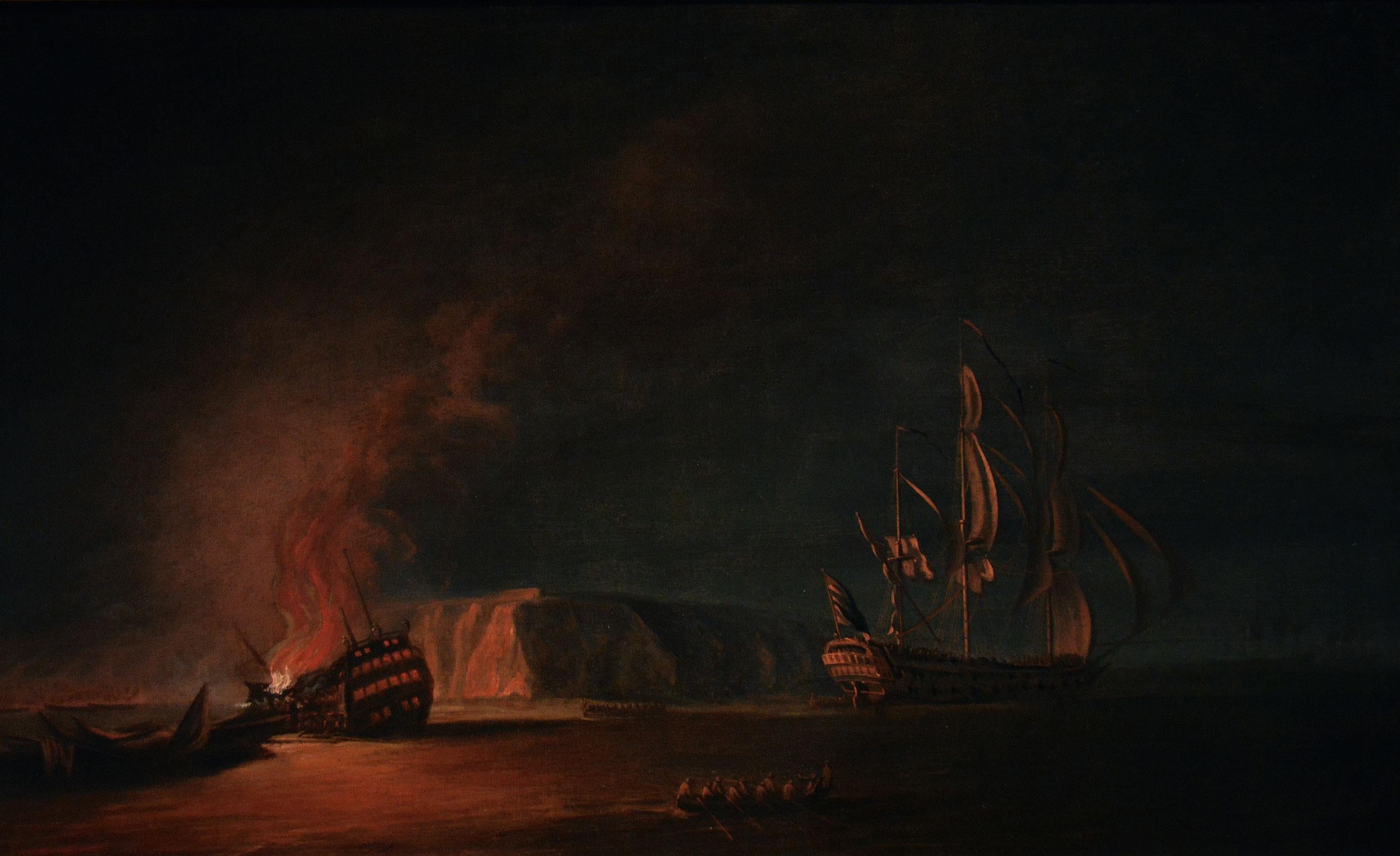Marine-Ölgemälde eines Schiffes auf Feuer aus dem 18. Jahrhundert – Painting von Dominic Serres