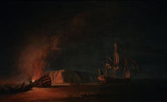 18th Century marine oil painting of a ship on fire