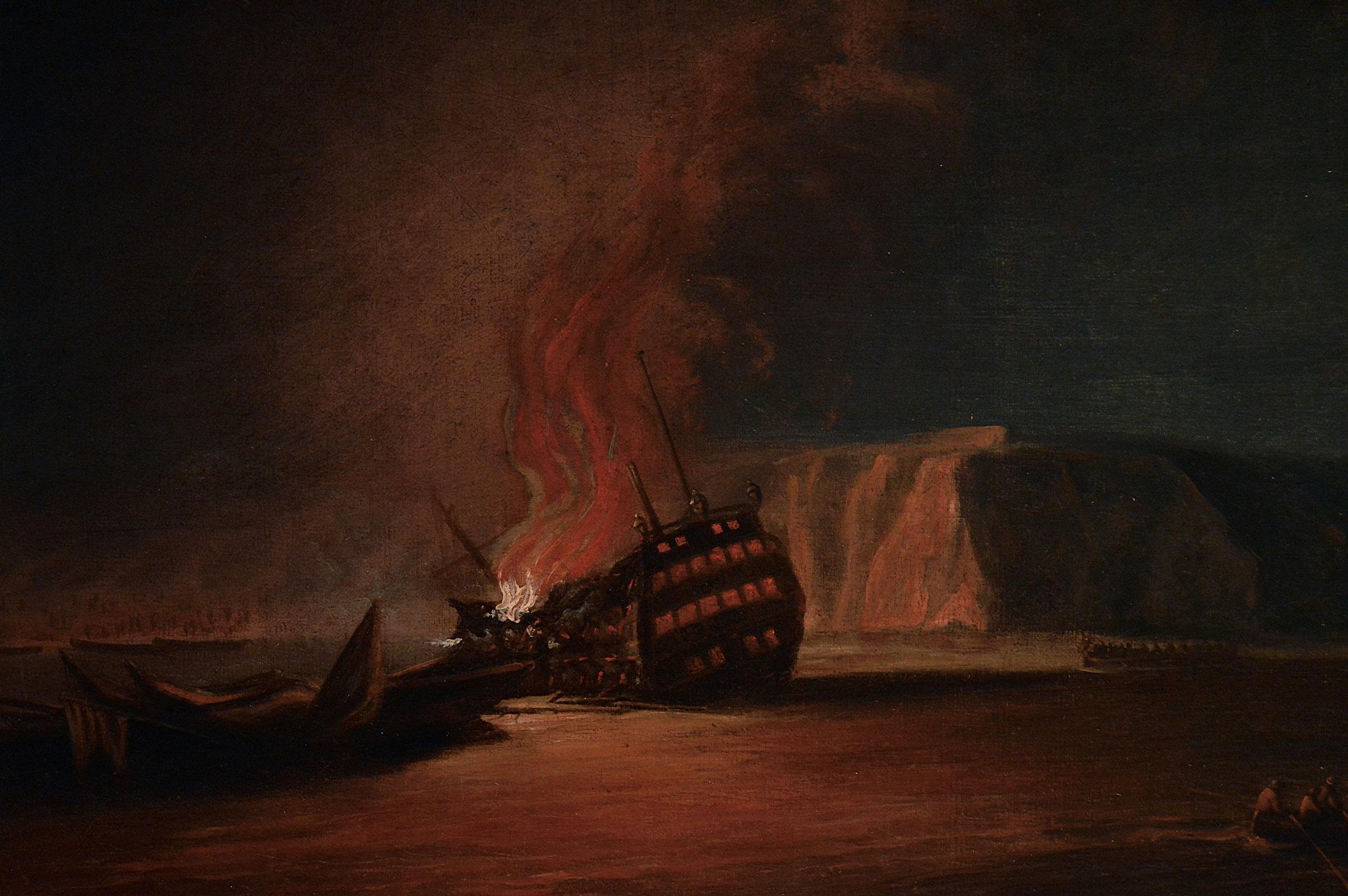 Marine-Ölgemälde eines Schiffes auf Feuer aus dem 18. Jahrhundert (Schwarz), Landscape Painting, von Dominic Serres