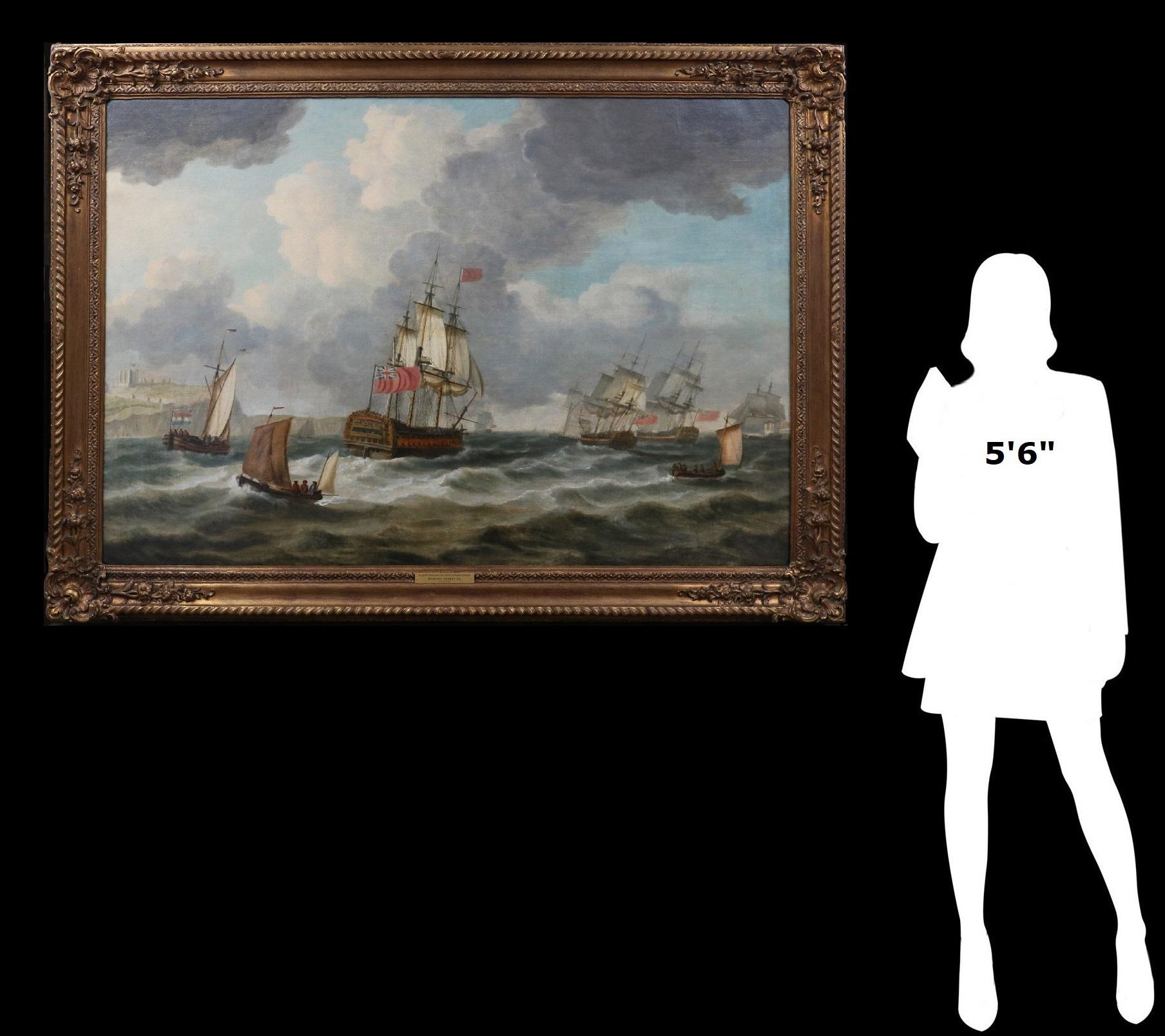 British Navy Fleet off Dover - Large 18th Century Oil Painting Marine Seascape - Gray Landscape Painting by Dominic Serres