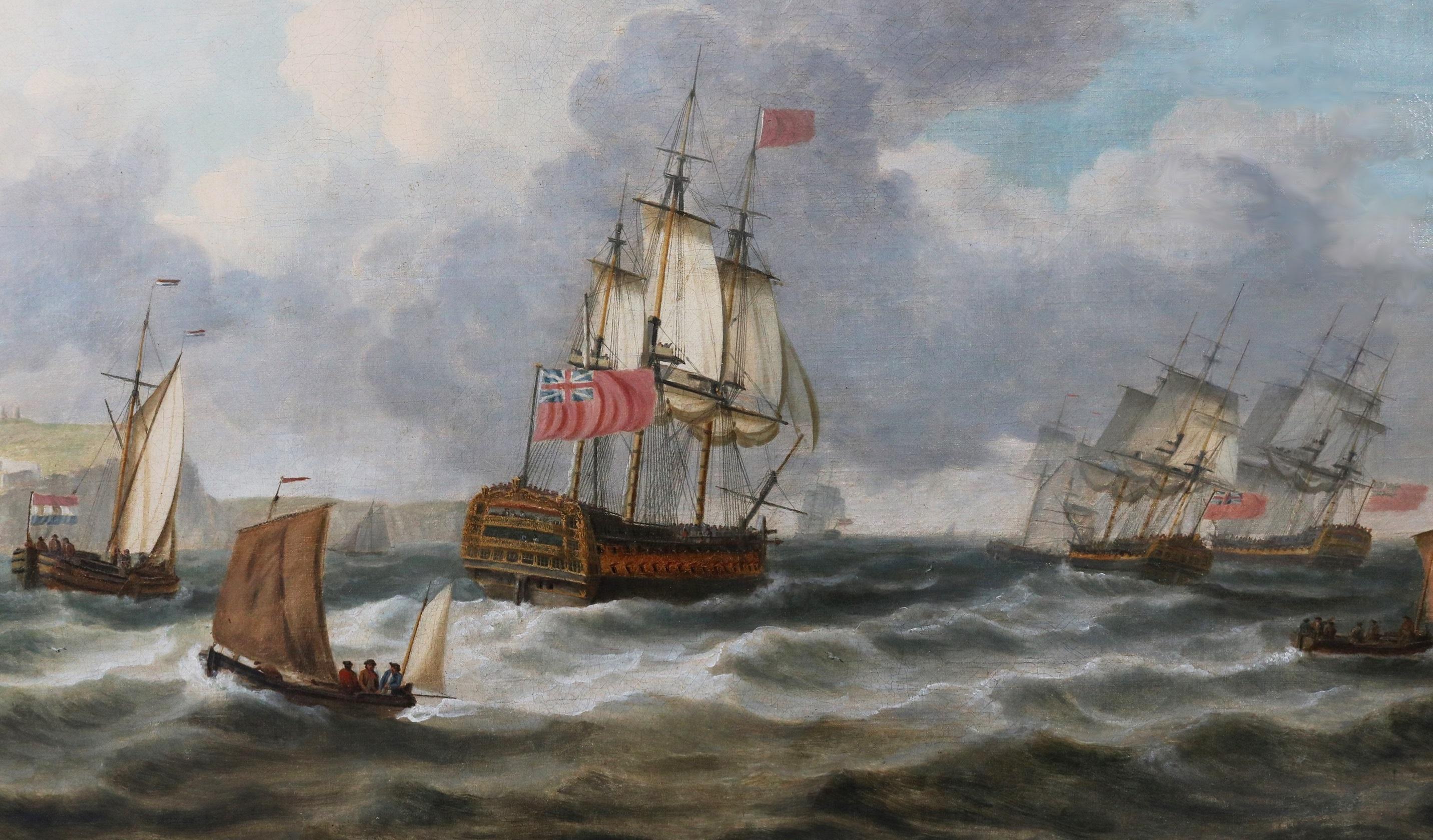 British Navy Fleet off Dover - Large 18th Century Oil Painting Marine Seascape For Sale 2