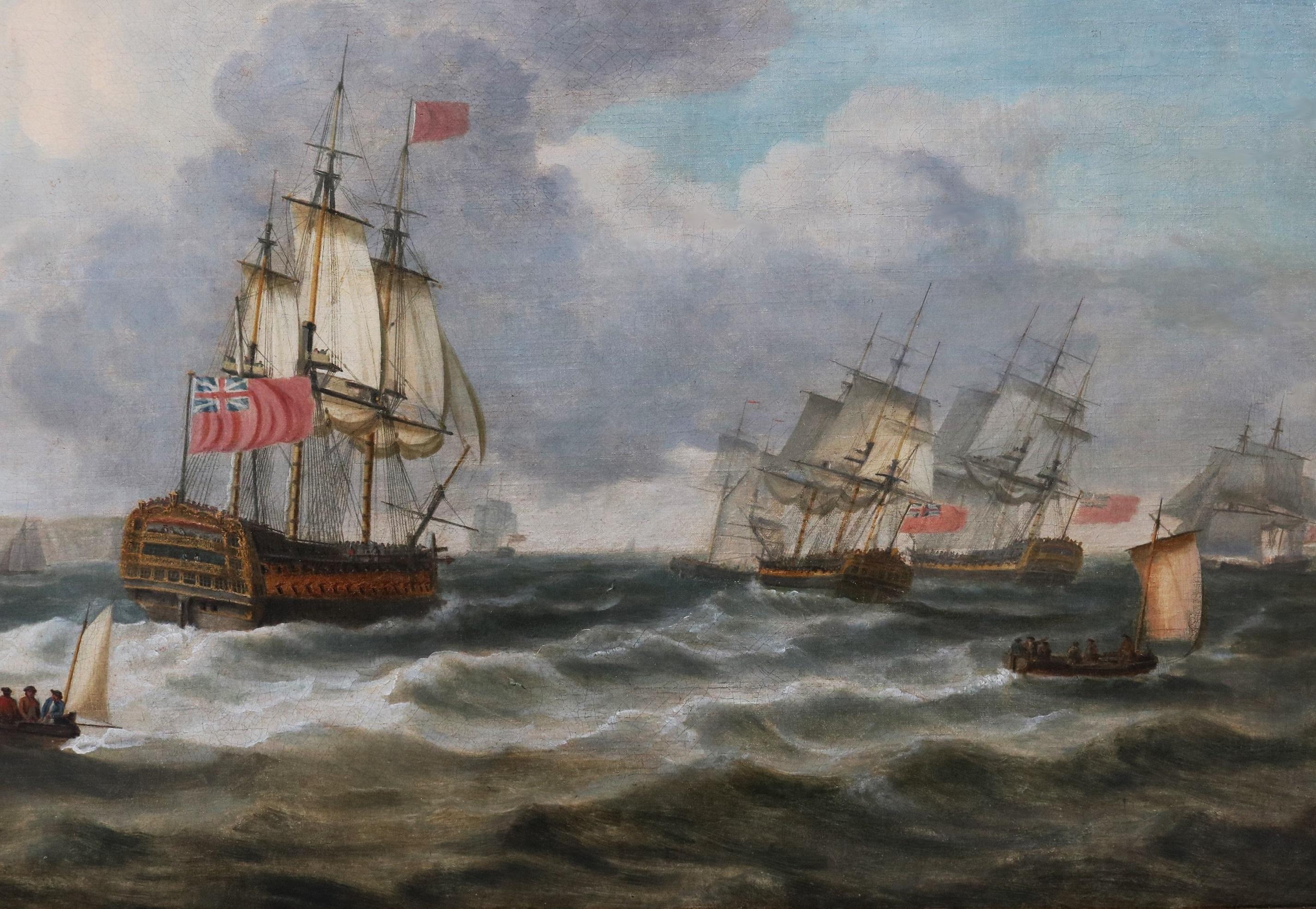British Navy Fleet off Dover - Large 18th Century Oil Painting Marine Seascape For Sale 4