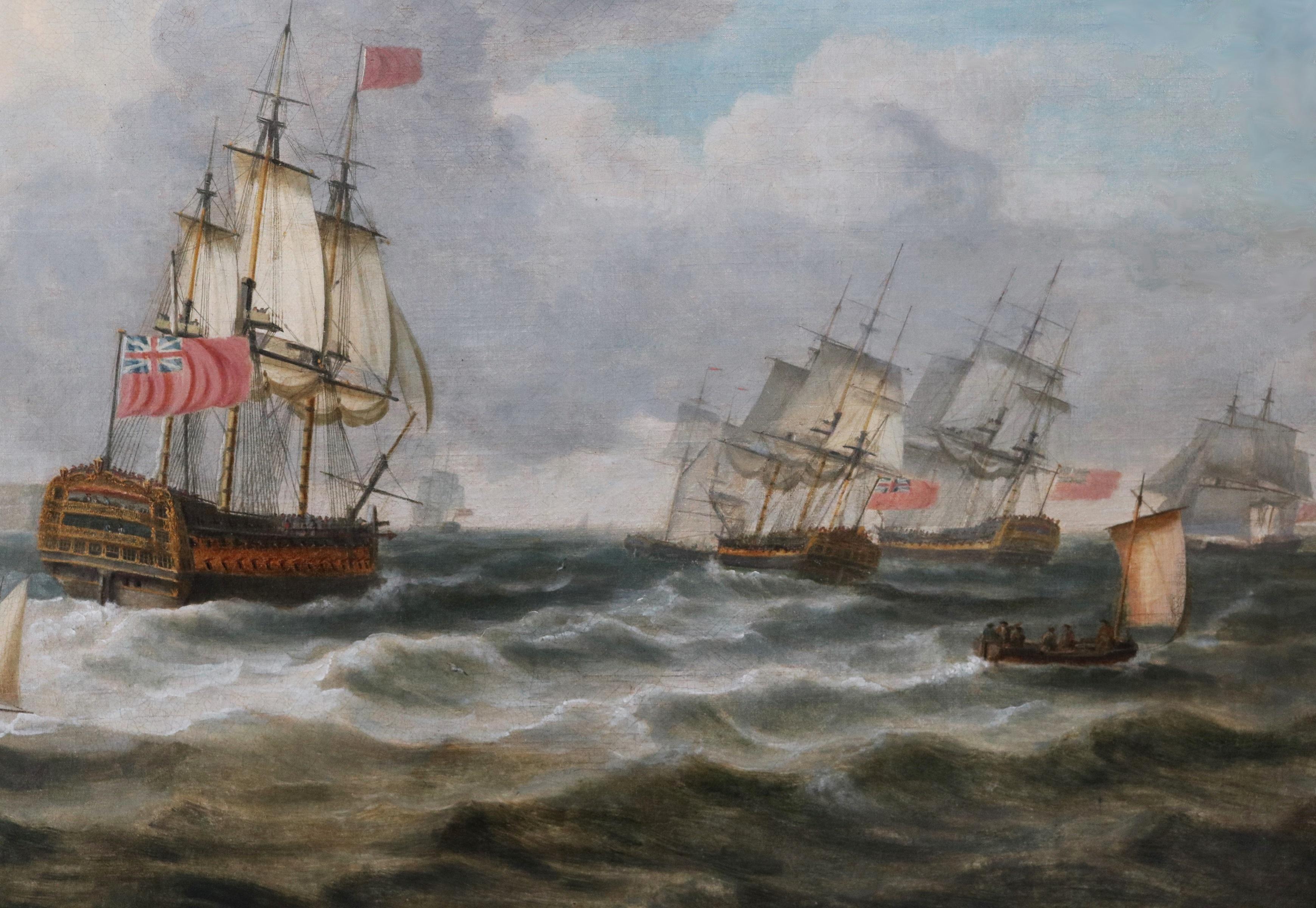 Gran pintura al óleo del siglo XVIII Paisaje marino de la flota de la marina británica frente a Dover en venta 5