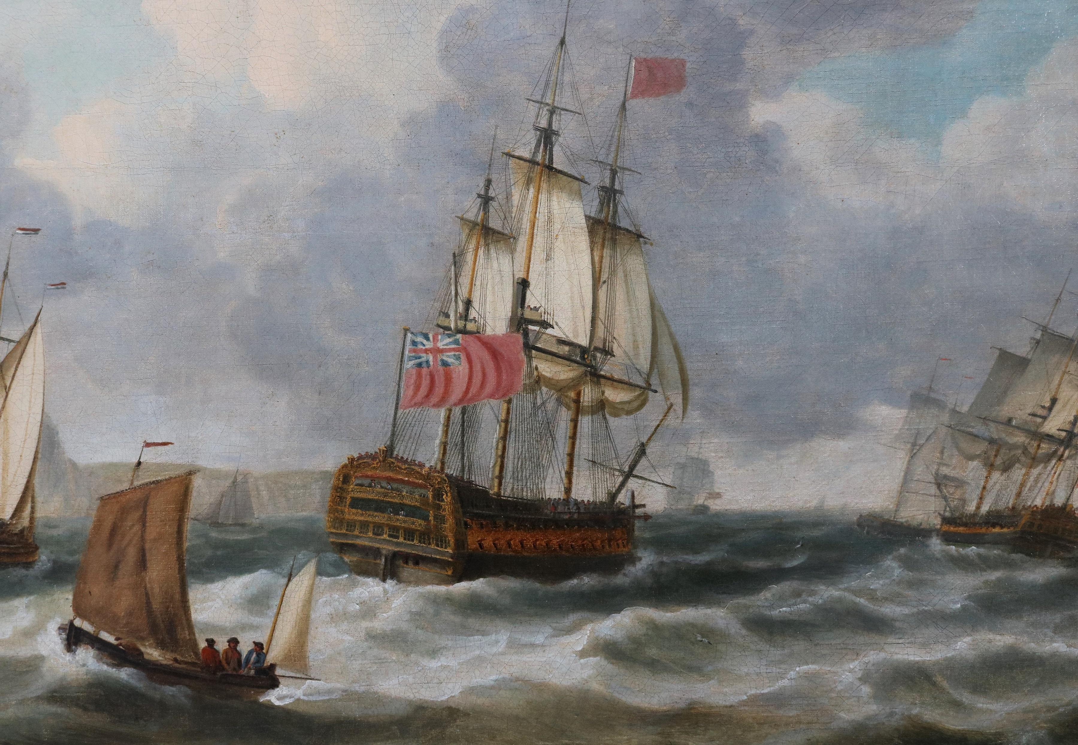 Gran pintura al óleo del siglo XVIII Paisaje marino de la flota de la marina británica frente a Dover en venta 6