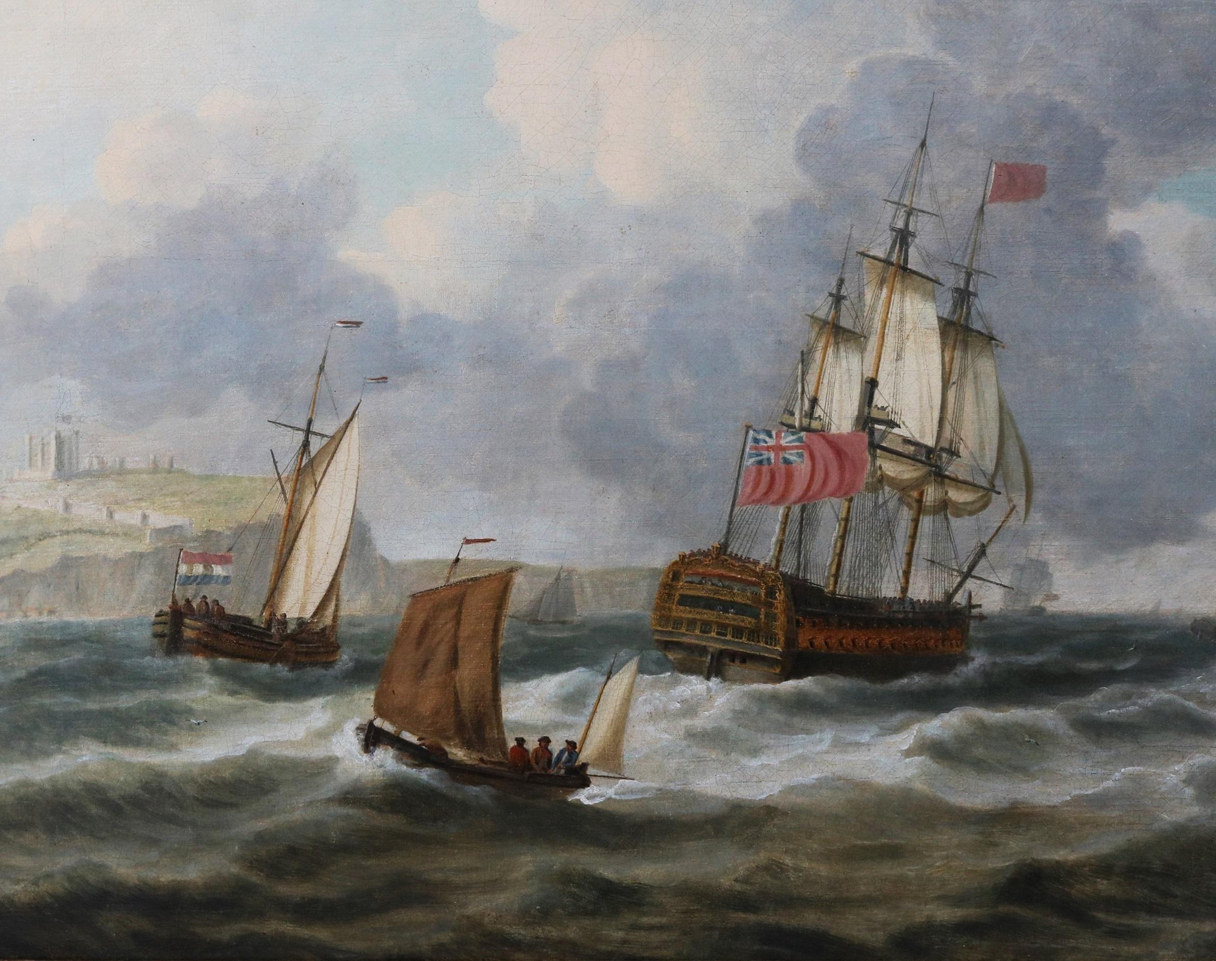 Gran pintura al óleo del siglo XVIII Paisaje marino de la flota de la marina británica frente a Dover en venta 3