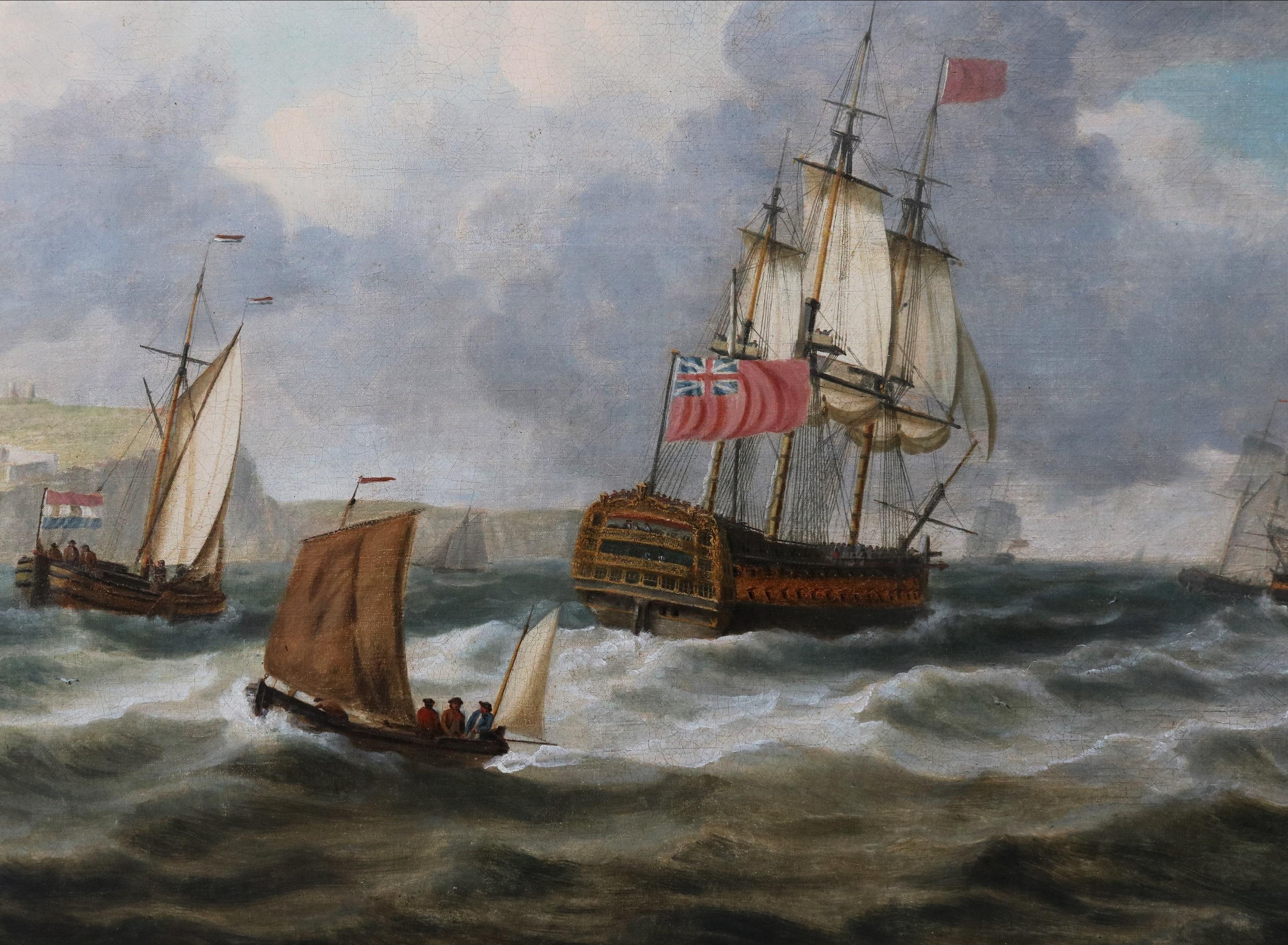 Gran pintura al óleo del siglo XVIII Paisaje marino de la flota de la marina británica frente a Dover en venta 4