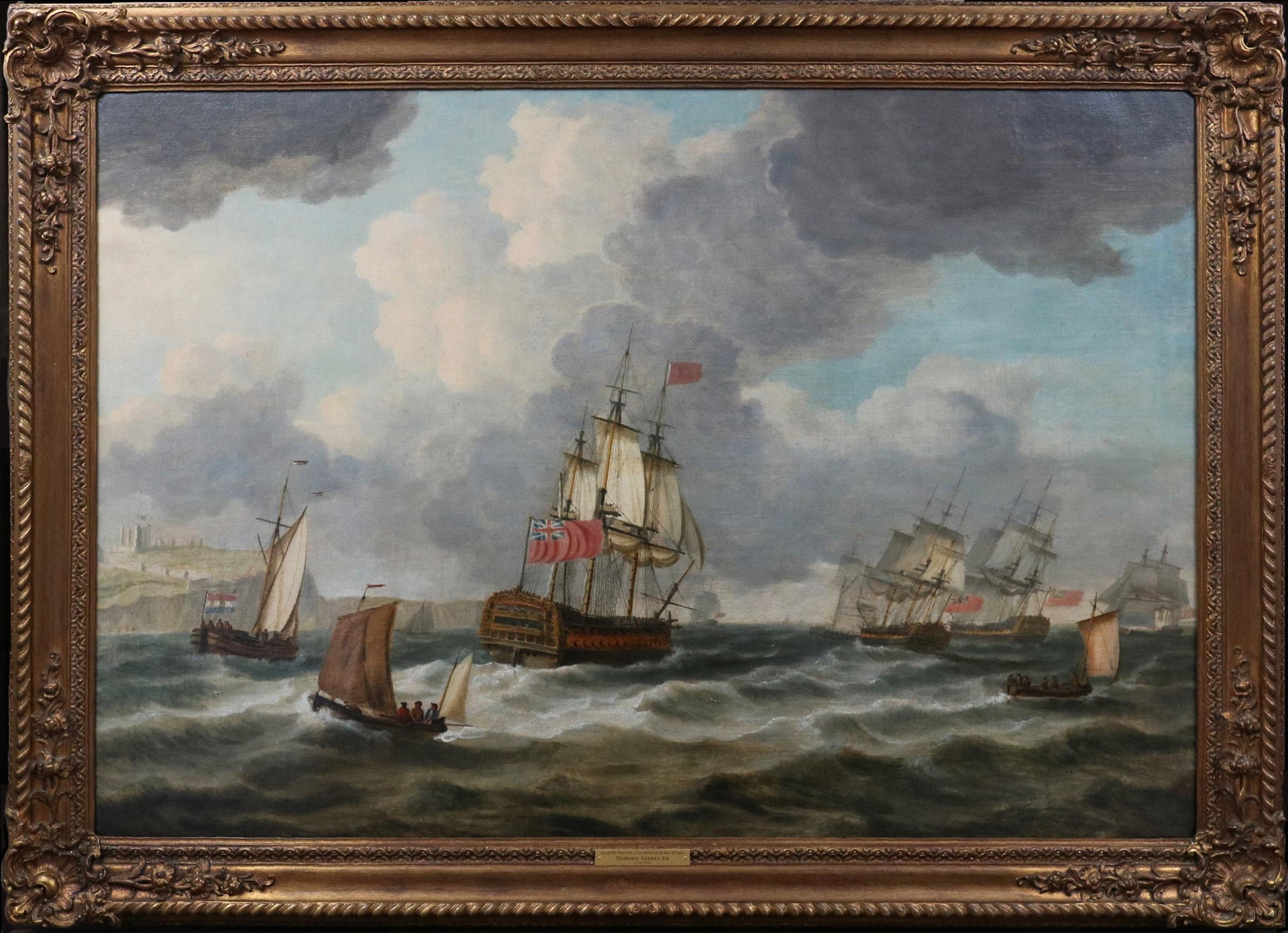 Grande dipinto a olio del XVIII secolo raffigurante la flotta della marina britannica al largo di Dover