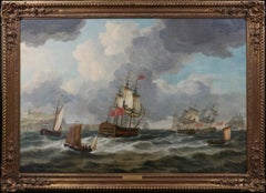 Large Fine 18th Century Seascape Oil Painting of British Navy Fleet off Dover