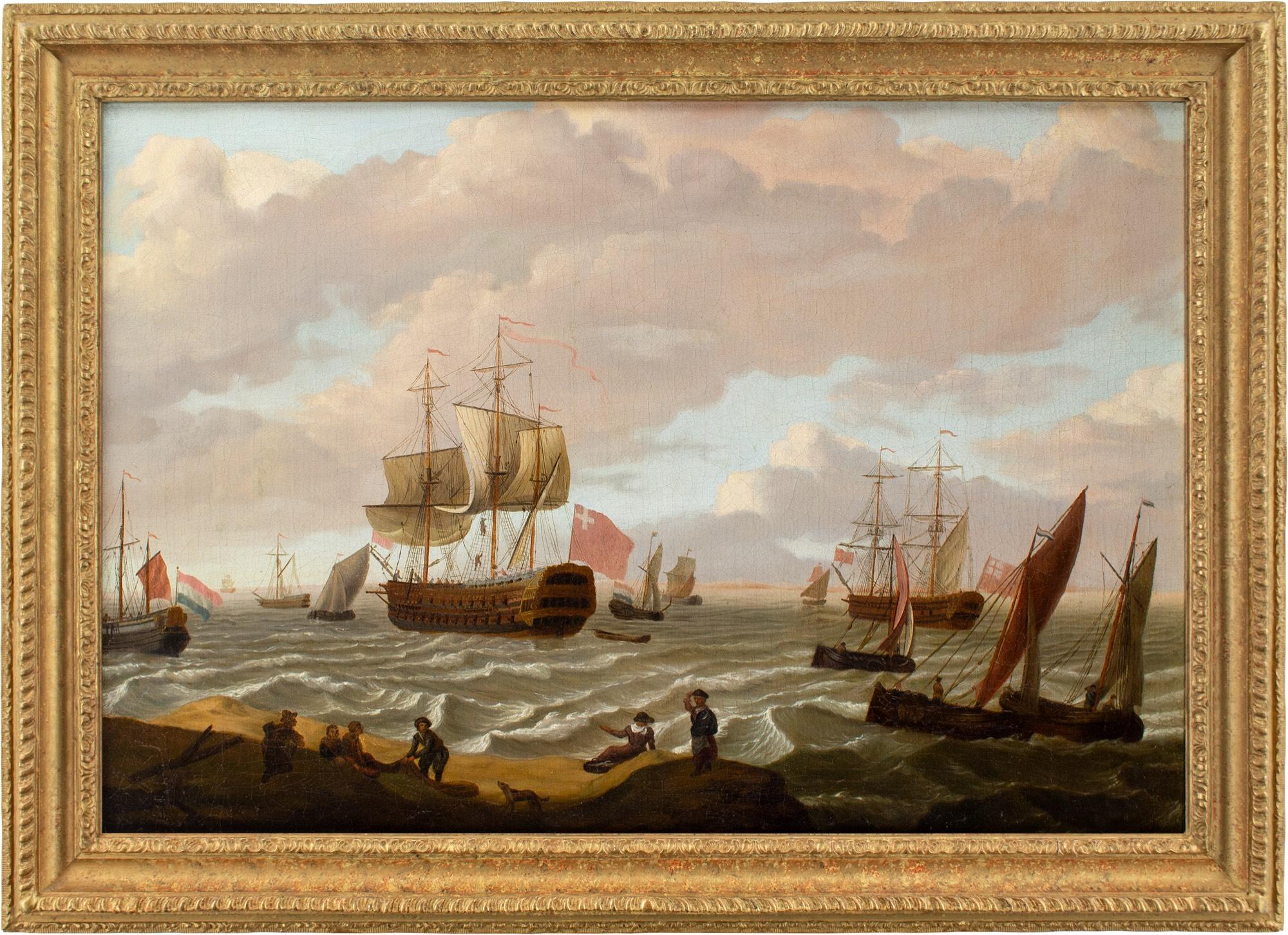 Cette splendide peinture à l'huile du milieu du XVIIIe siècle représente une scène marine avec de nombreux navires britanniques et hollandais, dont deux impressionnants "Men-O'-War". Elle est comparable à l'œuvre du peintre anglo-français Dominic