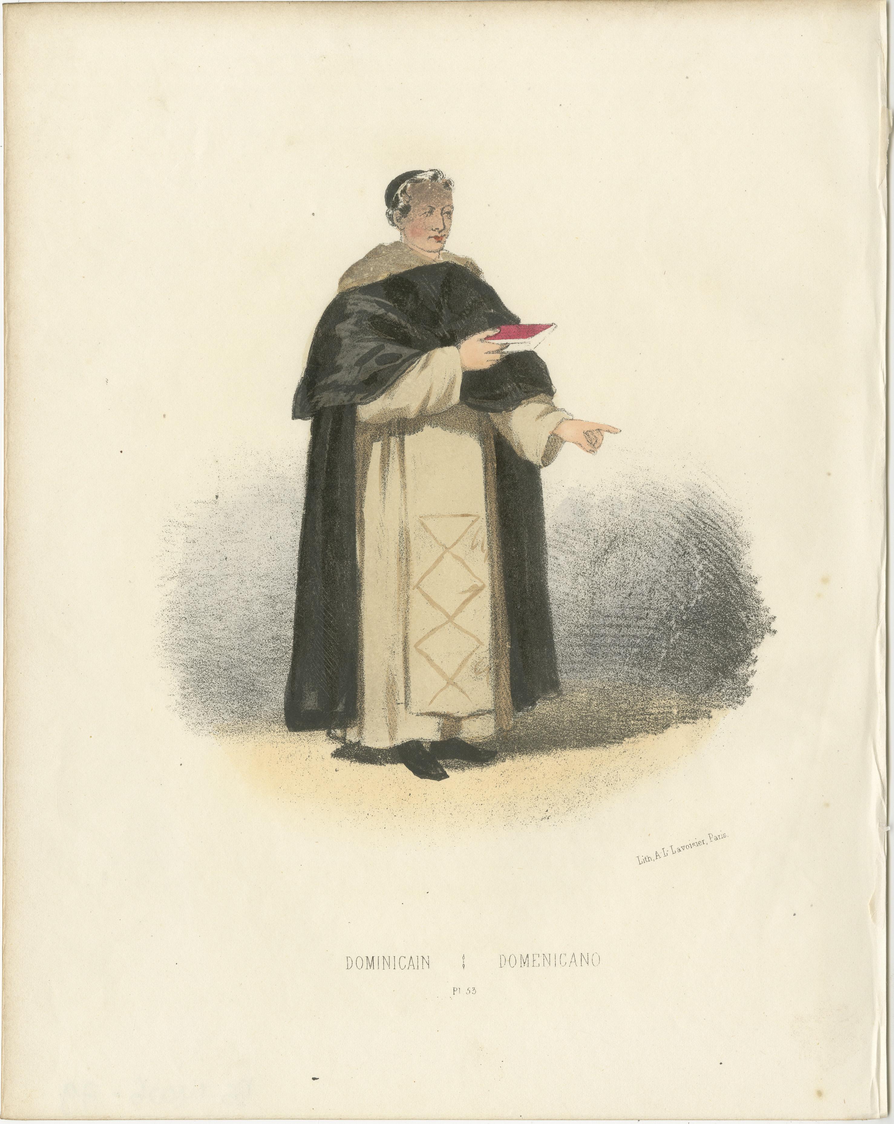 Dominikanermönch: Ein Porträt der gelehrten Hingabe und Predigt, Tafel 53  

Diese detailreiche Lithografie zeigt einen Dominikanermönch, der die traditionelle schwarze Kappe und die weiße Tunika trägt, die Reinheit und Demut symbolisieren. Der