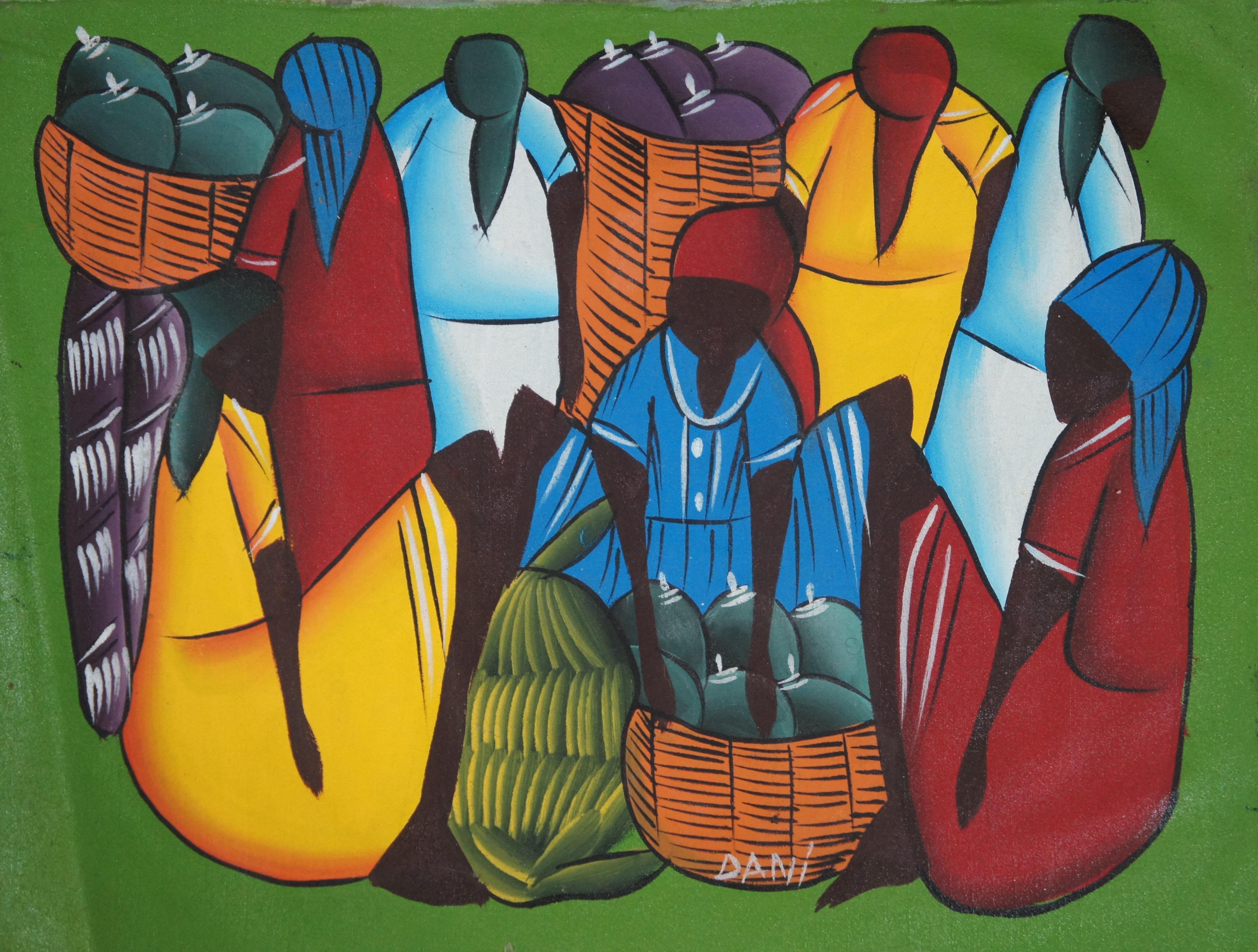 20th Century Dominican Republic Folk Art Acrylic Painting on Cloth Women at Market 19