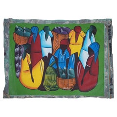 Dominican Republic Folk Art Acrylic Painting on Cloth Women at Market 19"