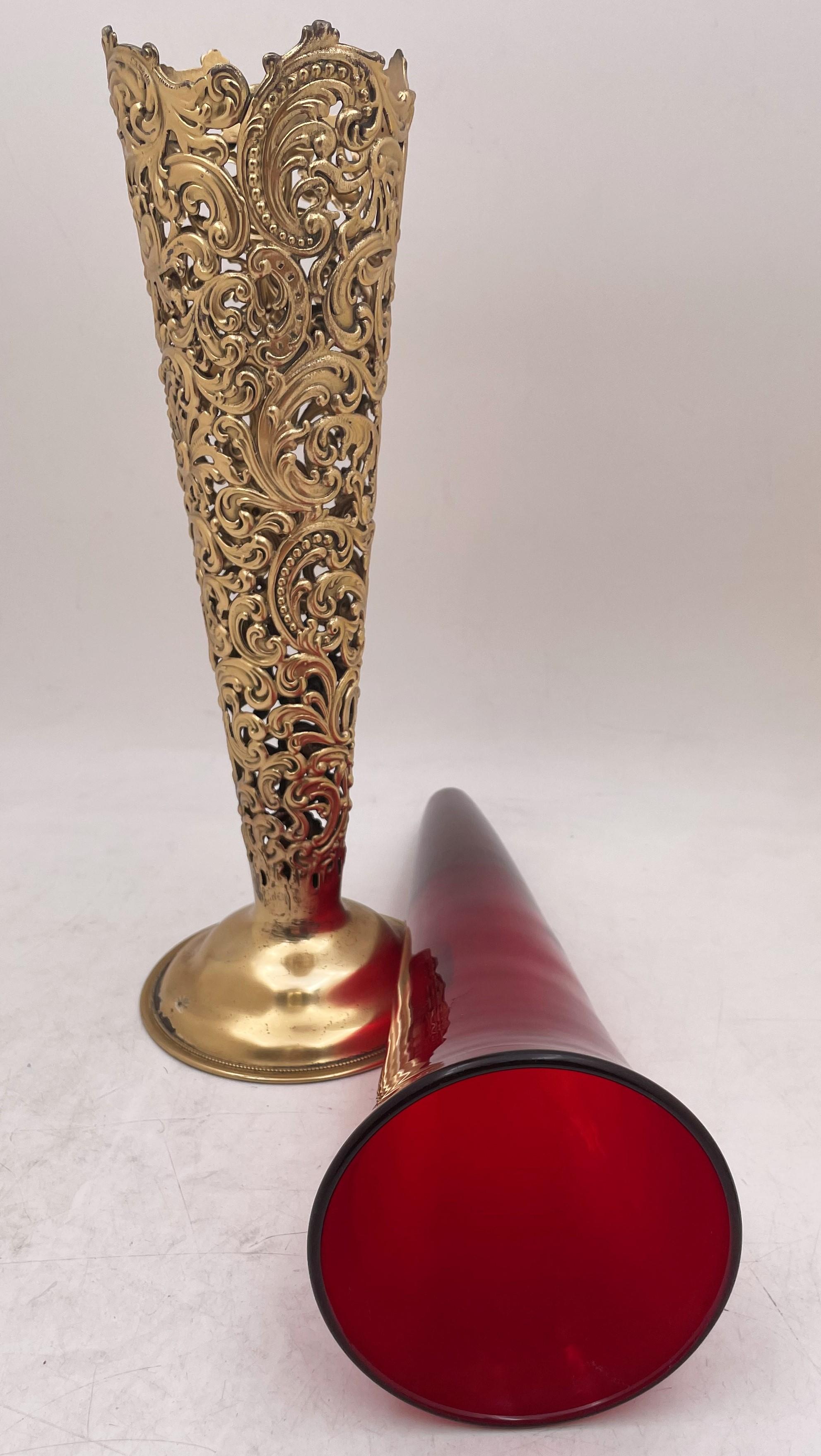 Américain Dominick & Haff vase en argent sterling doré vermeil avec revêtement en verre, 1898 en vente