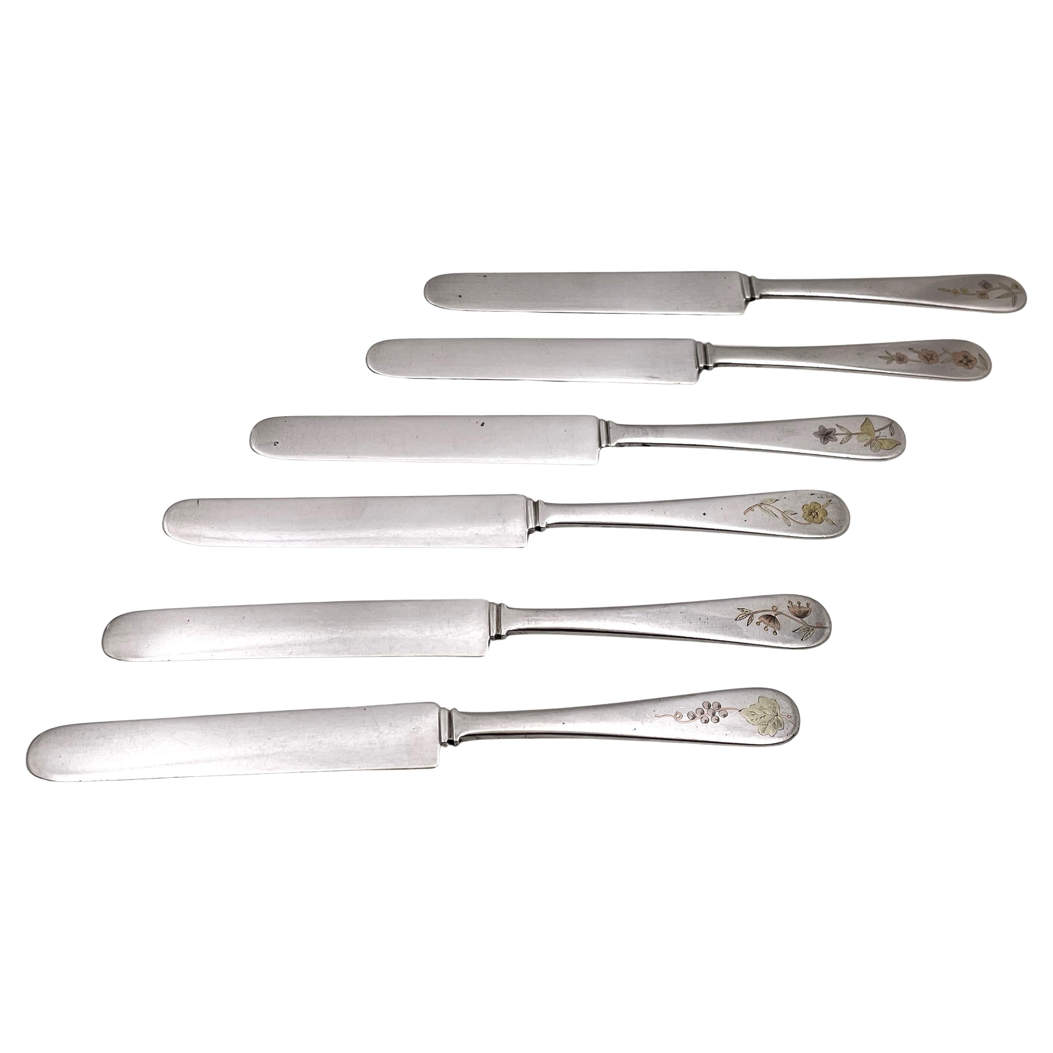 Dominick & Haff 6 Mixed Metal (Sterling Silver Gold Inlay) Knives Late 19th C.