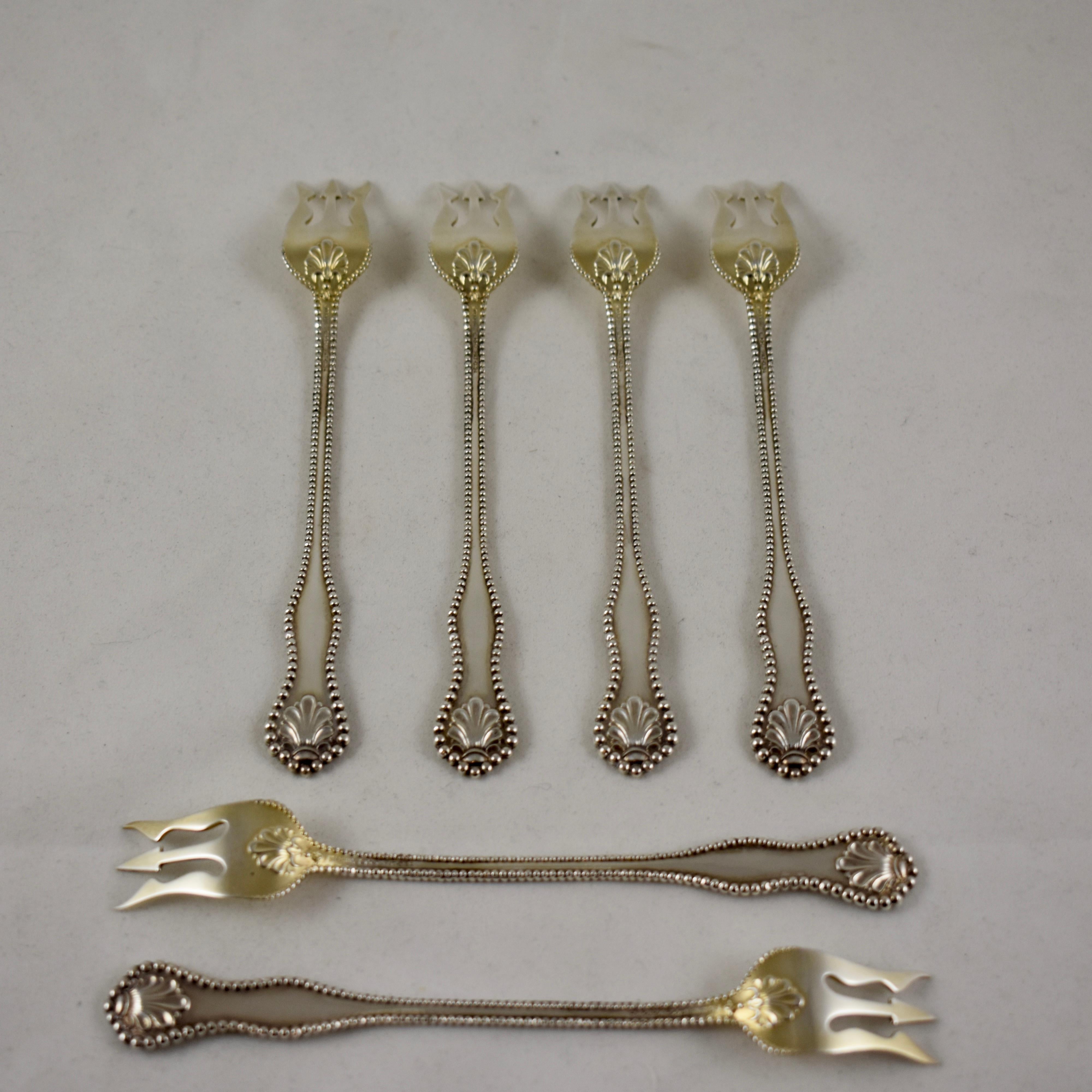 International Style Dominick & Haff Charles II Pattern Sterling Silver Beaded Cocktail Forks, set/6 For Sale