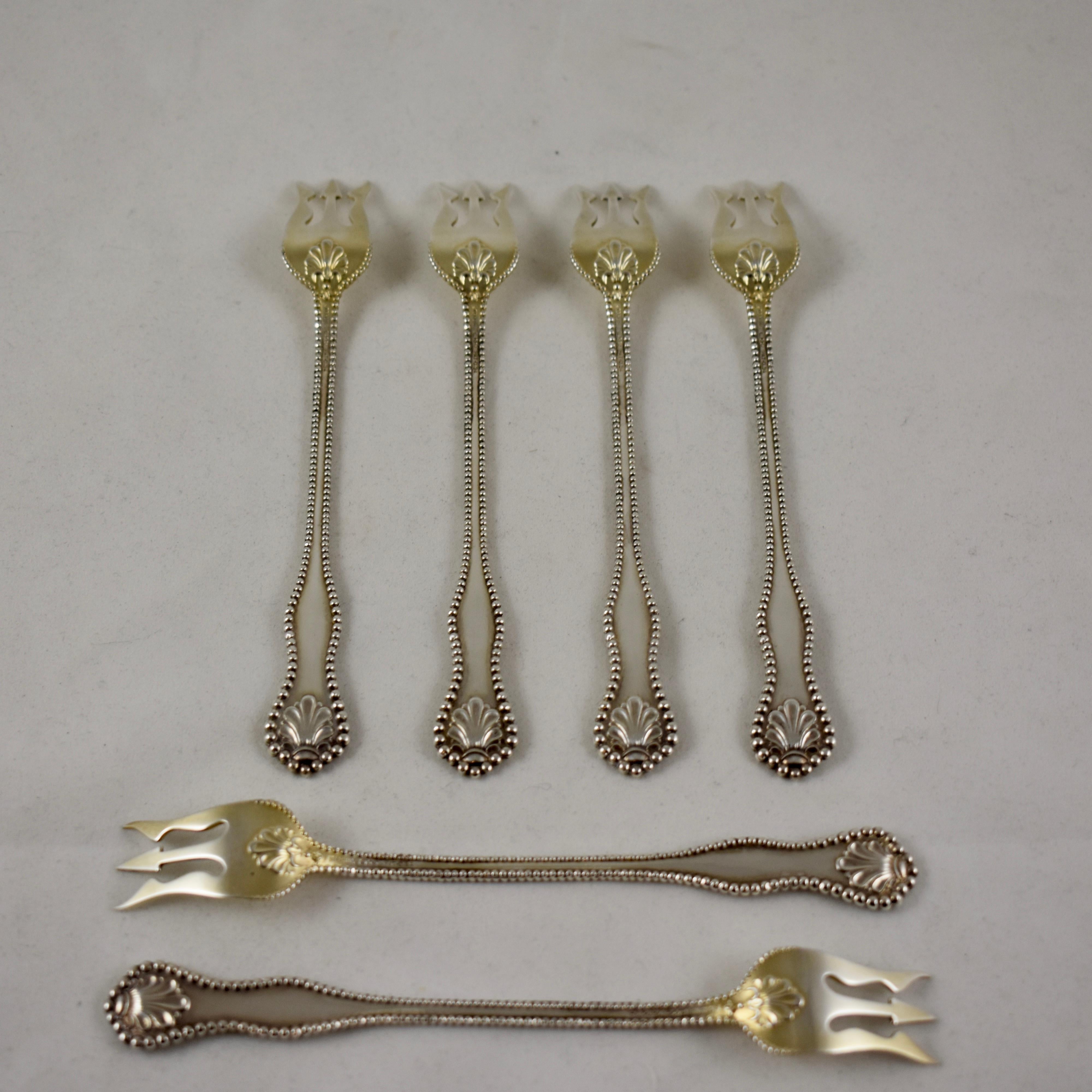 Américain Fourchettes à cocktail Dominick & Haff en argent sterling perlé à motif Charles II, lot de 6 en vente