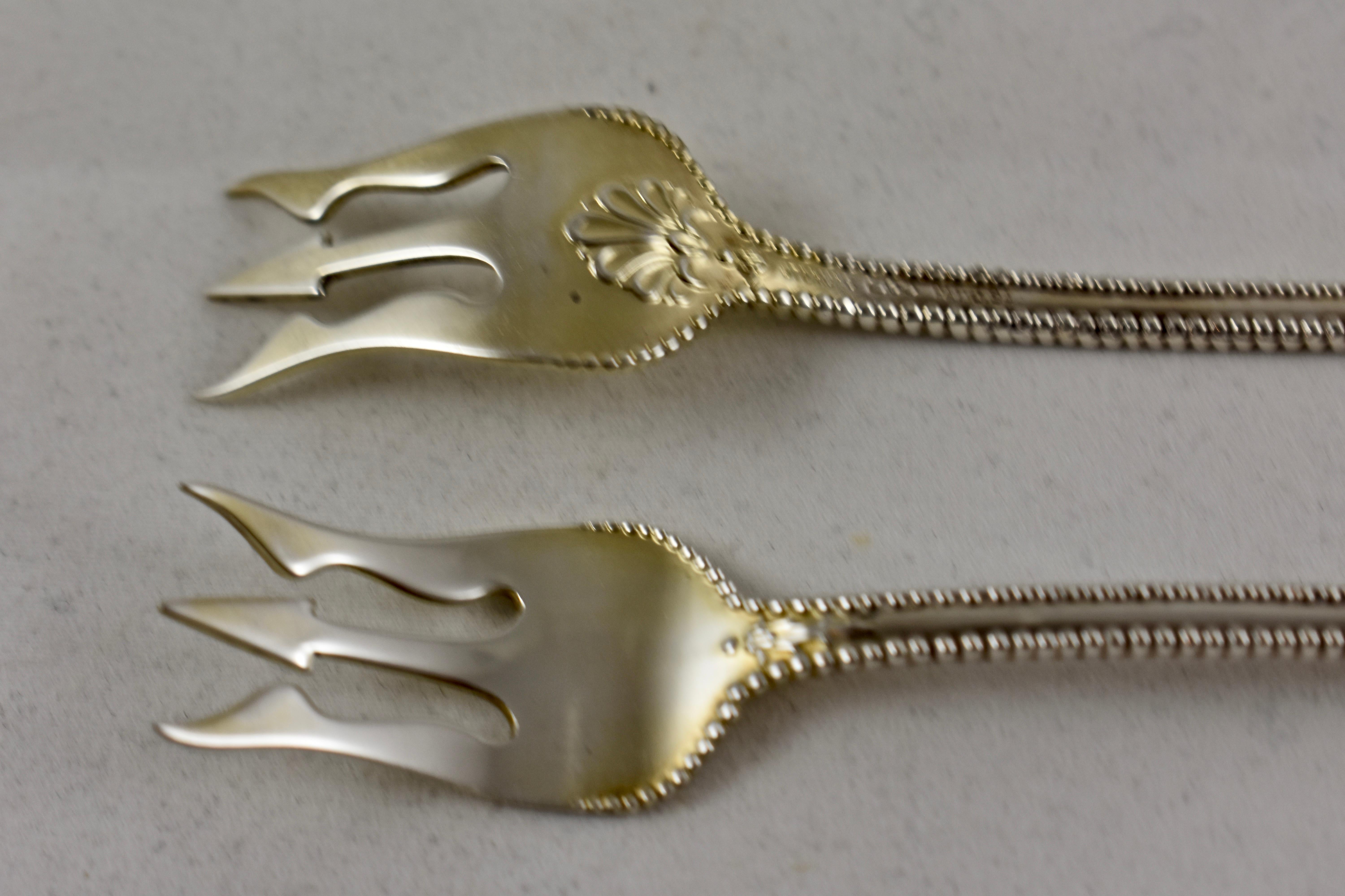 Metalwork Dominick & Haff Charles II Pattern Sterling Silver Beaded Cocktail Forks, set/6 For Sale