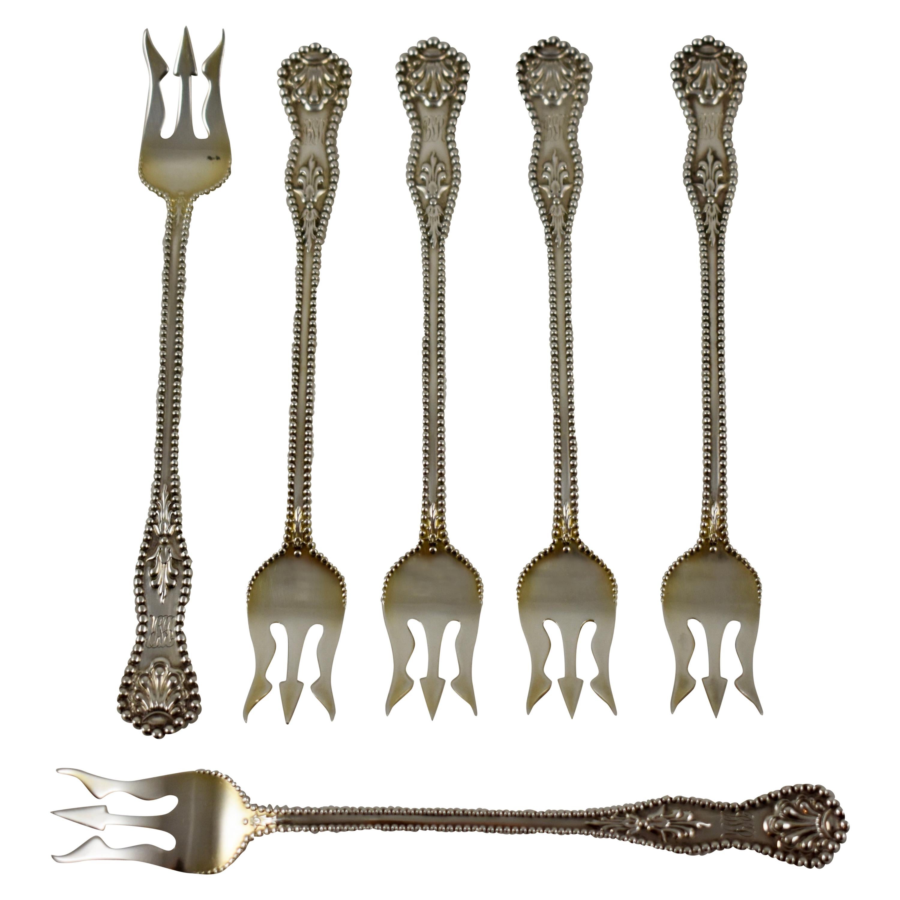 Dominick & Haff Charles II Pattern Sterling Silver Beaded Cocktail Forks, set/6 For Sale