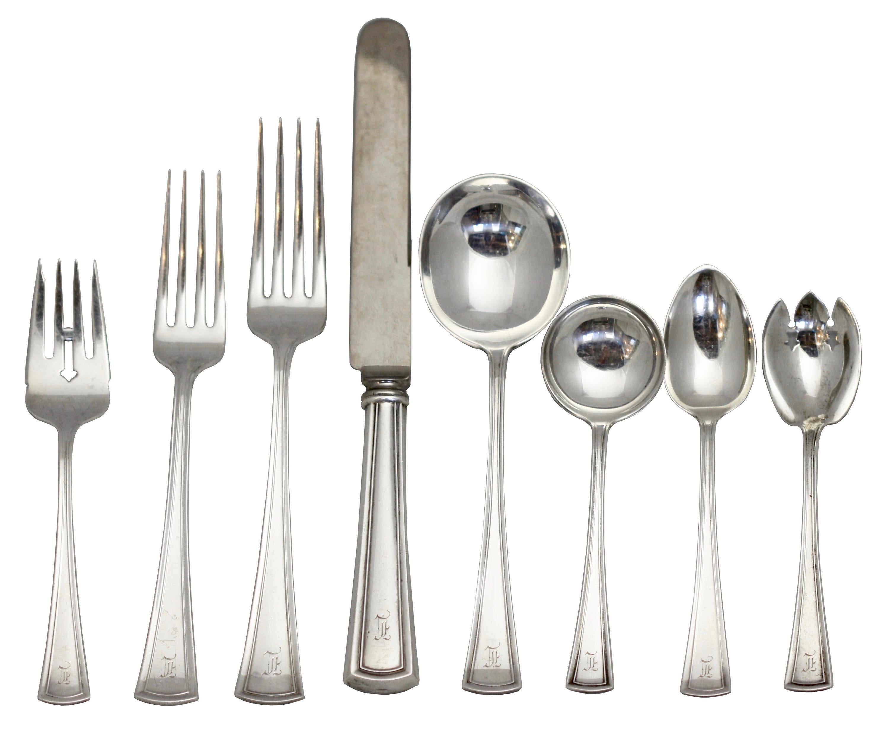 Dominick & Haff sterling silver flatware, Virginia pattern 1912 (100 piece set) 
5 dinner forks (7 3/4 in.)
9 luncheon forks (7 1/8 in.)
15 desert forks (6 in.)
10 cream forks (5 3/8 in.)
12 cream soup spoons (5 1/4 in.)
12 bullion spoons (6