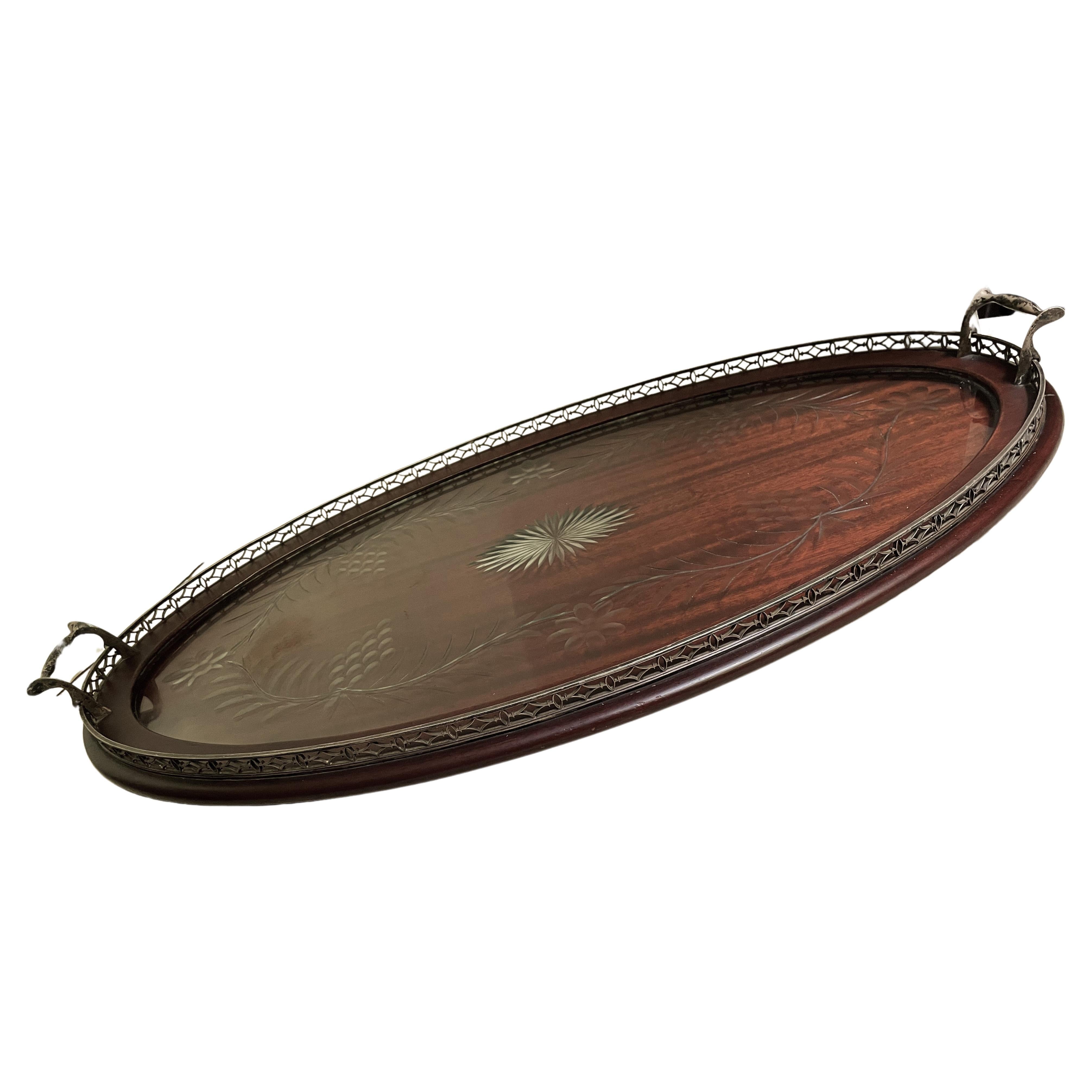 Dominick & Haff Sterling Silver Galleried Mahogany Wood 24" Tray w/Etched Glass For Sale