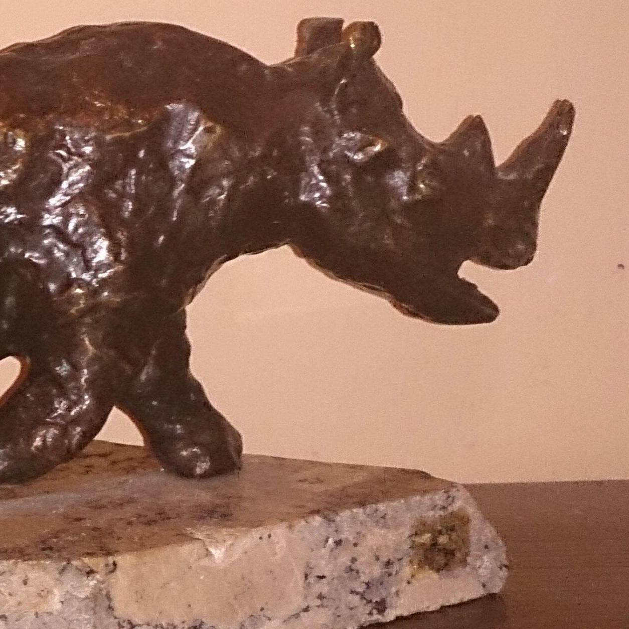 Polish Modernist Charging Rhino Bronze Expressionist Rhinoceros Sculpture For Sale 1