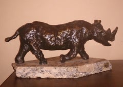 Escultura Modernista Polaca Rinoceronte Cargador Bronce Expresionista Rinoceronte