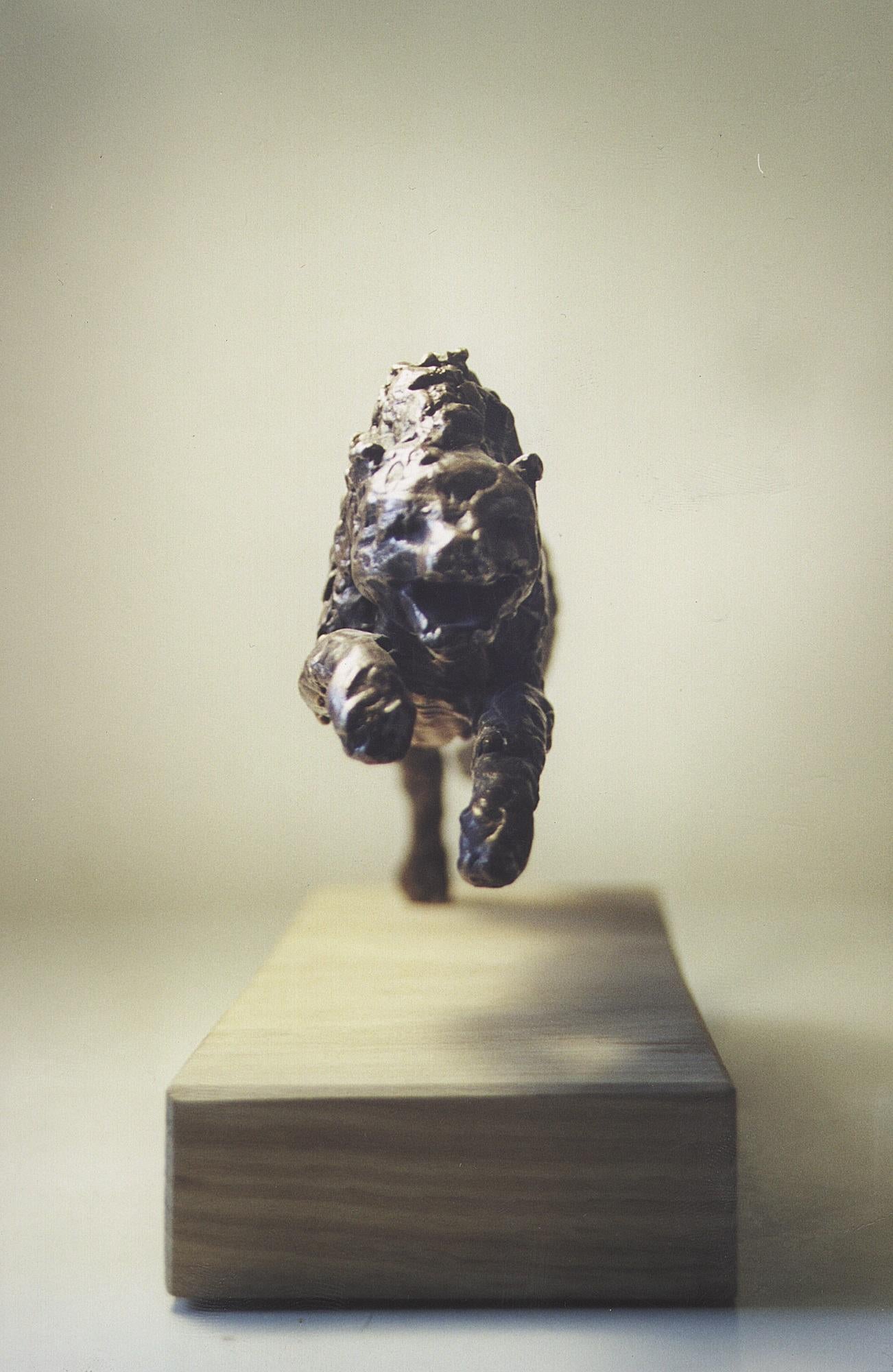 Expressionistische Kunstskulptur eines polnischen modernistischen Mannes, der Leopardenleder geht, Bronze – Sculpture von Dominik Albinski
