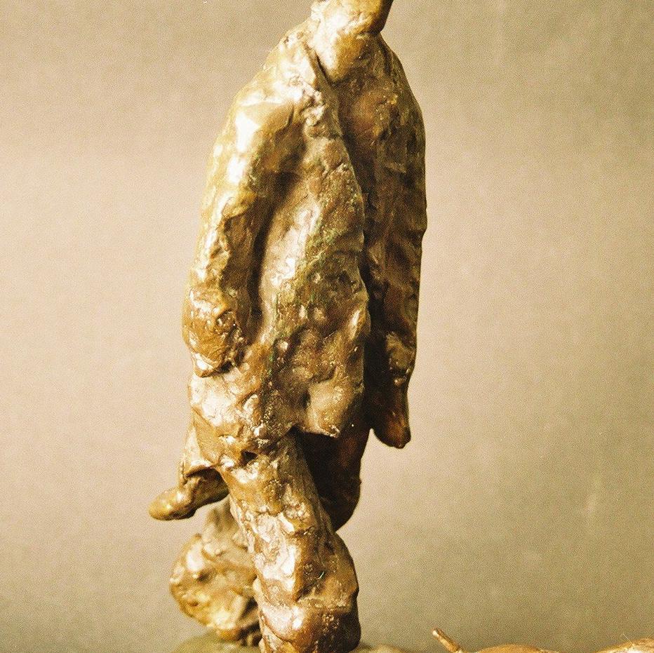 Polish Modernist Man Walking Dog Bronze Expressionist Art Sculpture - Gold Figurative Sculpture by Dominik Albinski