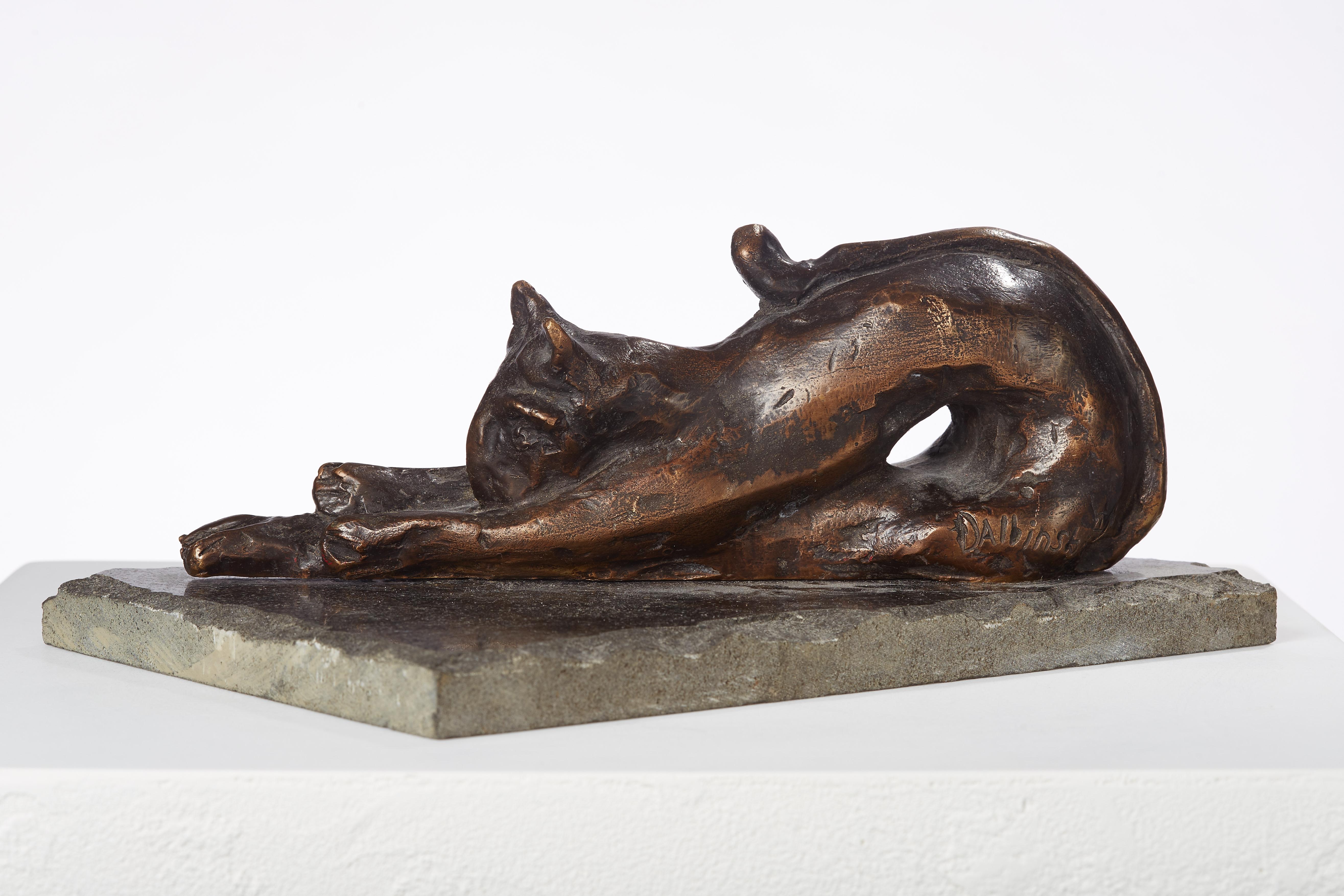 Dominik Albinski Figurative Sculpture – Polnisch Modernist Stretching CAT Bronze Expressionist Kunst Skulptur