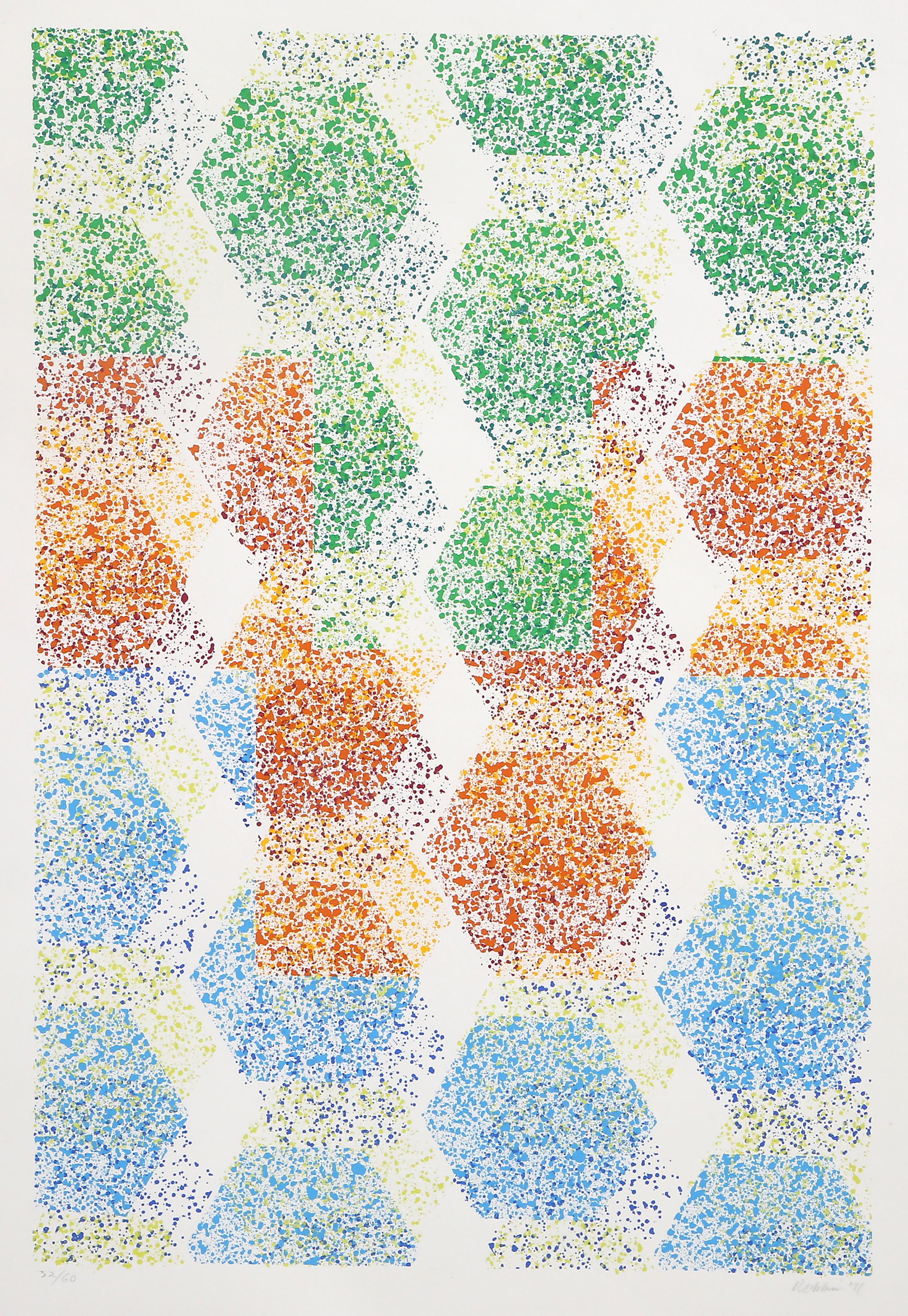 Dominik Rebhan, Österreicher (1929 - ) - Multicolor Hexagons, Jahr:  1971, Medium:  Siebdruck, signiert, nummeriert und datiert mit Bleistift, Auflage:  32/60, Bildgröße:  24 x 16 Zoll, Größe:  27,5 x 20 Zoll (69,85 x 50,8 cm)