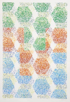 Mehrfarbige Sechsecke, abstrakter geometrischer Siebdruck von Dominik Rebhan
