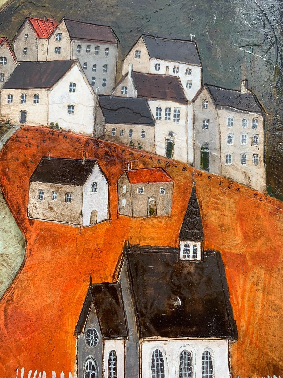 Quadro figurativo contemporaneo a tecnica mista su cartone dell'artista polacca Dominika Stawarz-Burska. L'opera d'arte ha una caratteristica finitura lucida che ricorda la superficie delle piastrelle di ceramica. La composizione raffigura la vista