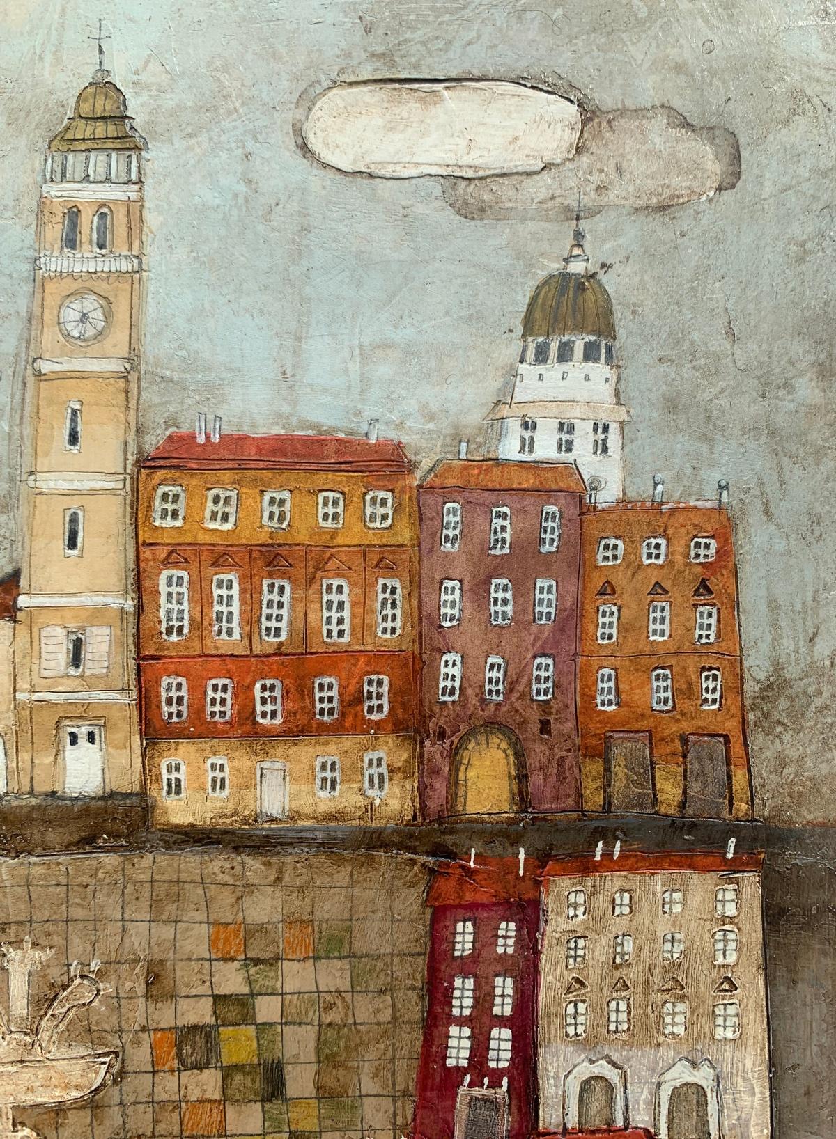 A town 11. Contemporary figurative mixed media artwork, Landscape, Polish art - Painting by Dominika Stawarz-Burska