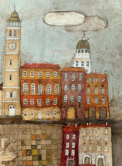 Eine Stadt 11. Contemporary figurative mixed media artwork, Landschaft, Polnische Kunst