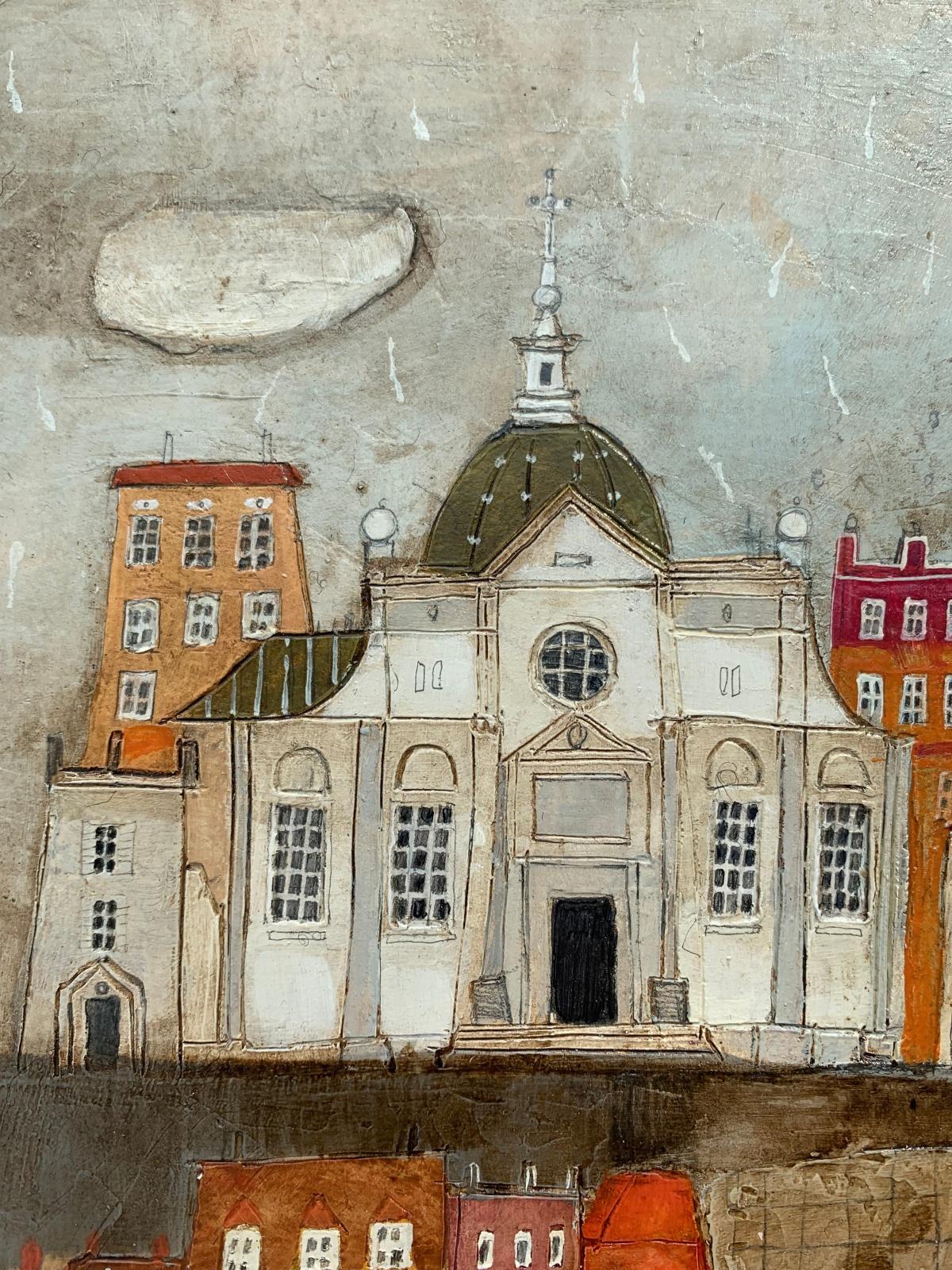 Contemporary figurative mixed media on cardboard painting by Polish artist Dominika Stawarz-Burska. Artwork has characteristical glossy finish to it which resembles surface of ceramic tile. Composition depicts view on an imaginary town. Colors used