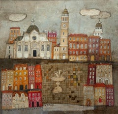 A town 11. Contemporary figurative mixed media artwork, Landscape, Polish art