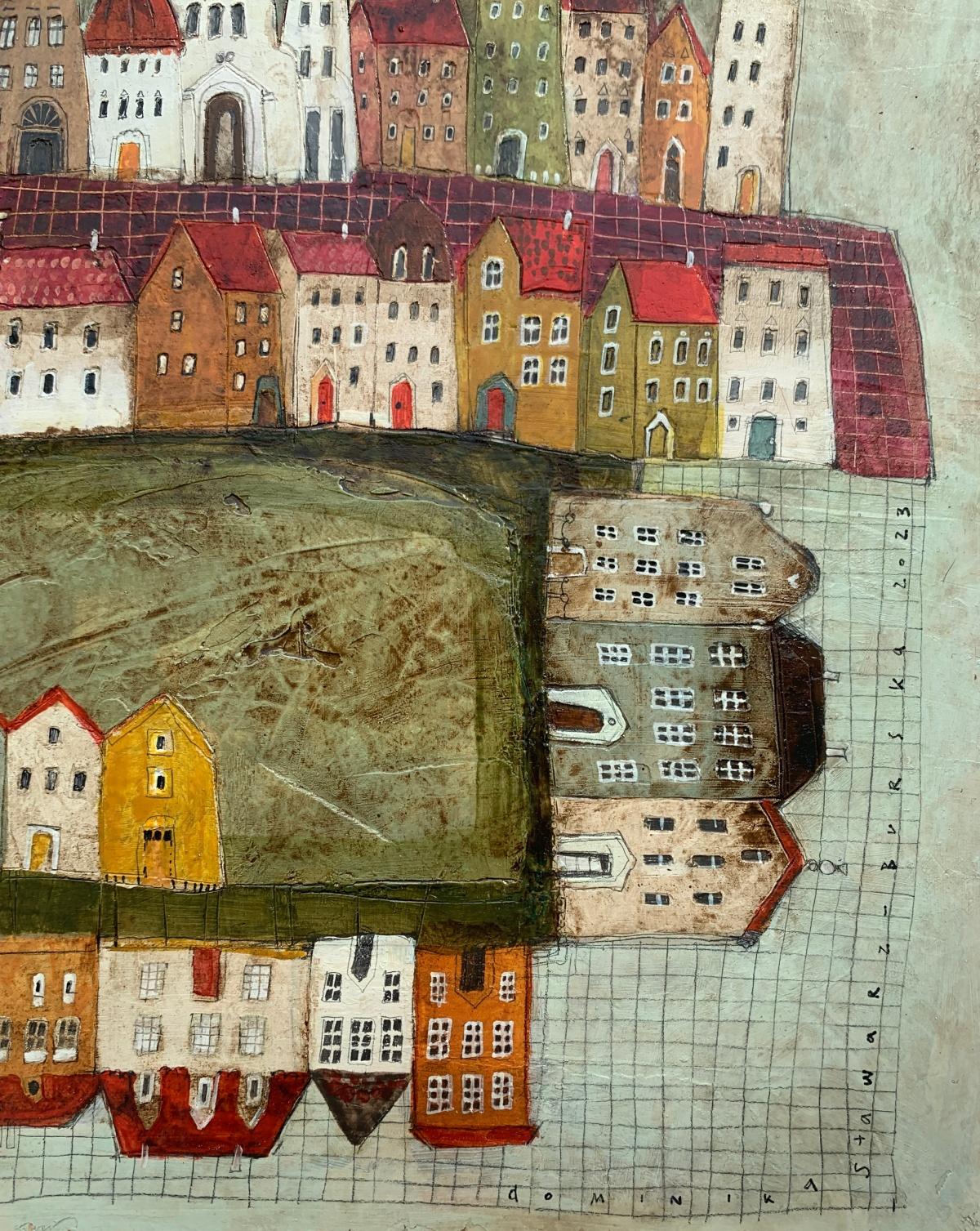 Contemporary figurative mixed media on cardboard painting by Polish artist Dominika Stawarz-Burska. Artwork has characteristical glossy finish to it which resembles surface of ceramic tile. Composition depicts view on an imaginary town. Colors used