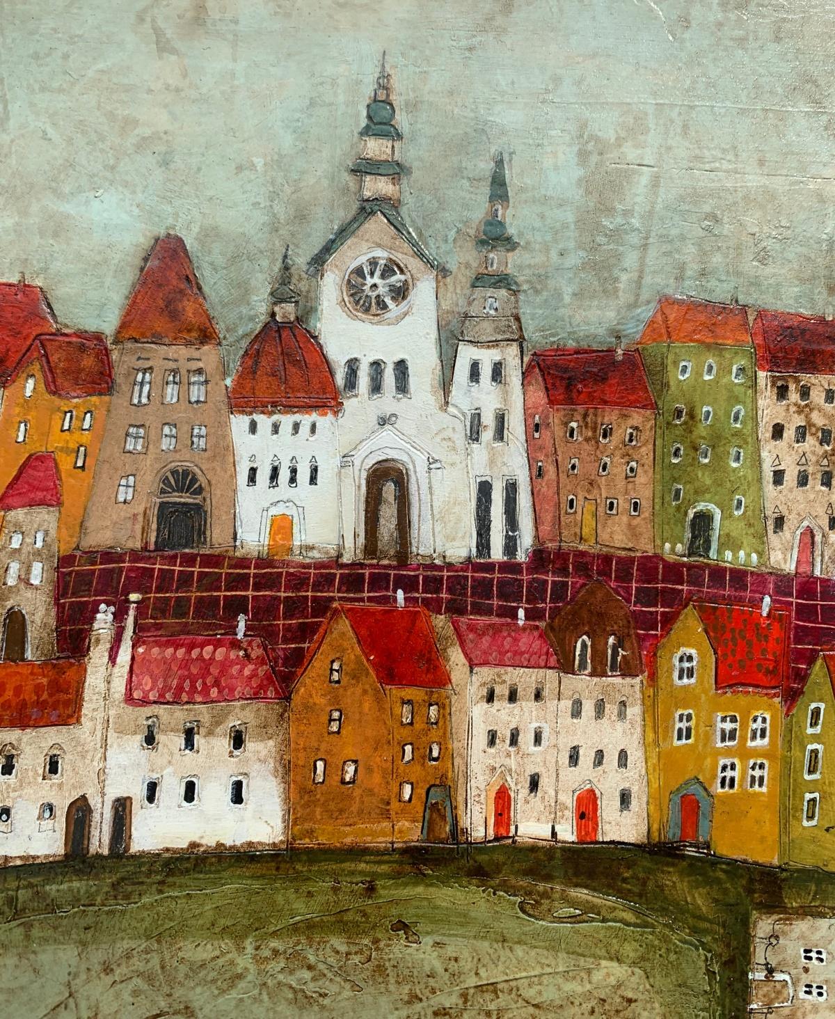 A town 12. Contemporary figurative mixed media artwork, Landscape, Polish art For Sale 1