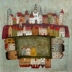 A town 12. Contemporary figurative mixed media artwork, Landscape, Polish art