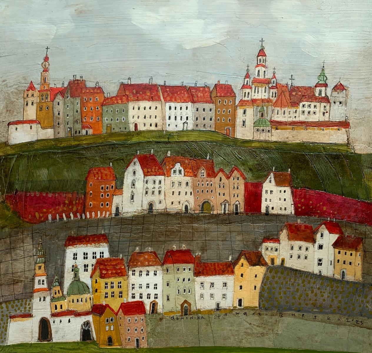 Contemporary figurative mixed media on cardboard painting by Polish artist Dominika Stawarz-Burska. Artwork has characteristical glossy finish to it which resembles surface of ceramic tile. Composition depicts view on an imaginary town. Colors used