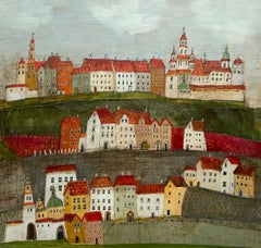 Eine Stadt 13. Contemporary figurative mixed media artwork, Landschaft, Polnische Kunst