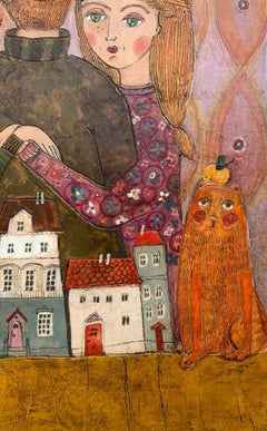 Une ville. Art contemporain figuratif mixed media, Couple, Animaux, Art polonais