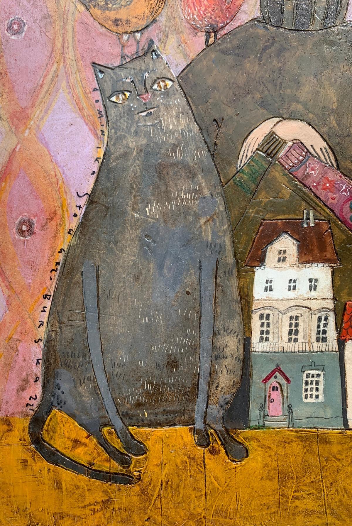 Peinture figurative contemporaine en techniques mixtes sur carton de l'artiste polonaise Dominika Stawarz-Burska. L'œuvre d'art a une finition brillante caractéristique qui ressemble à la surface d'un carreau de céramique. La composition représente
