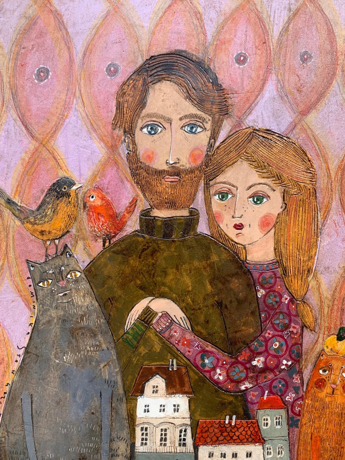 Contemporary figurative mixed media on cardboard painting by Polish artist Dominika Stawarz-Burska. Artwork has characteristical glossy finish to it which resembles surface of ceramic tile. Composition depictsa couple holding hands, two cats and two