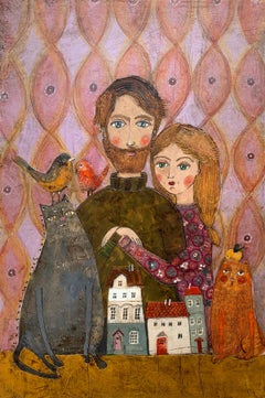 Une ville. Art contemporain figuratif mixed media, Couple, Animaux, Art polonais