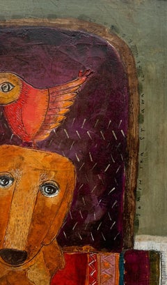 Sur ma tête . Technique mixte figurative contemporaine, Chiens, Animaux, Art polonais