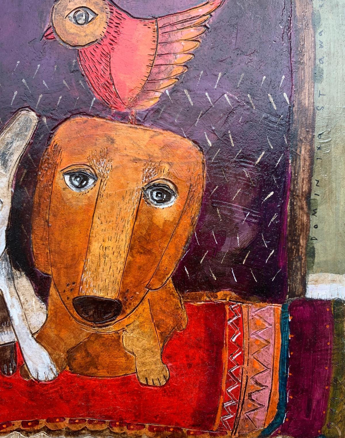 En la cabeza . Técnica mixta figurativa contemporánea, Perros, Animales, Arte polaco - Figurative Painting Marrón de Dominika Stawarz-Burska