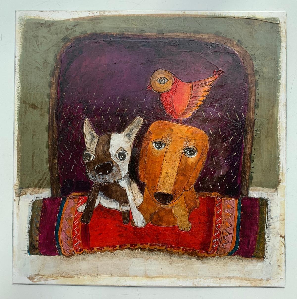 Contemporary figurative mixed media on cardboard painting by Polish artist Dominika Stawarz-Burska. Artwork has characteristical glossy finish to it which resembles surface of ceramic tile. Composition depicts two dogs sitting nearby each other with